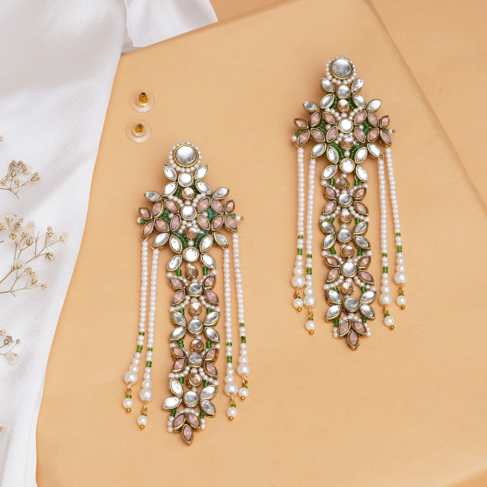 Multicolored Floral Kundan Drop Earrings with Pearls