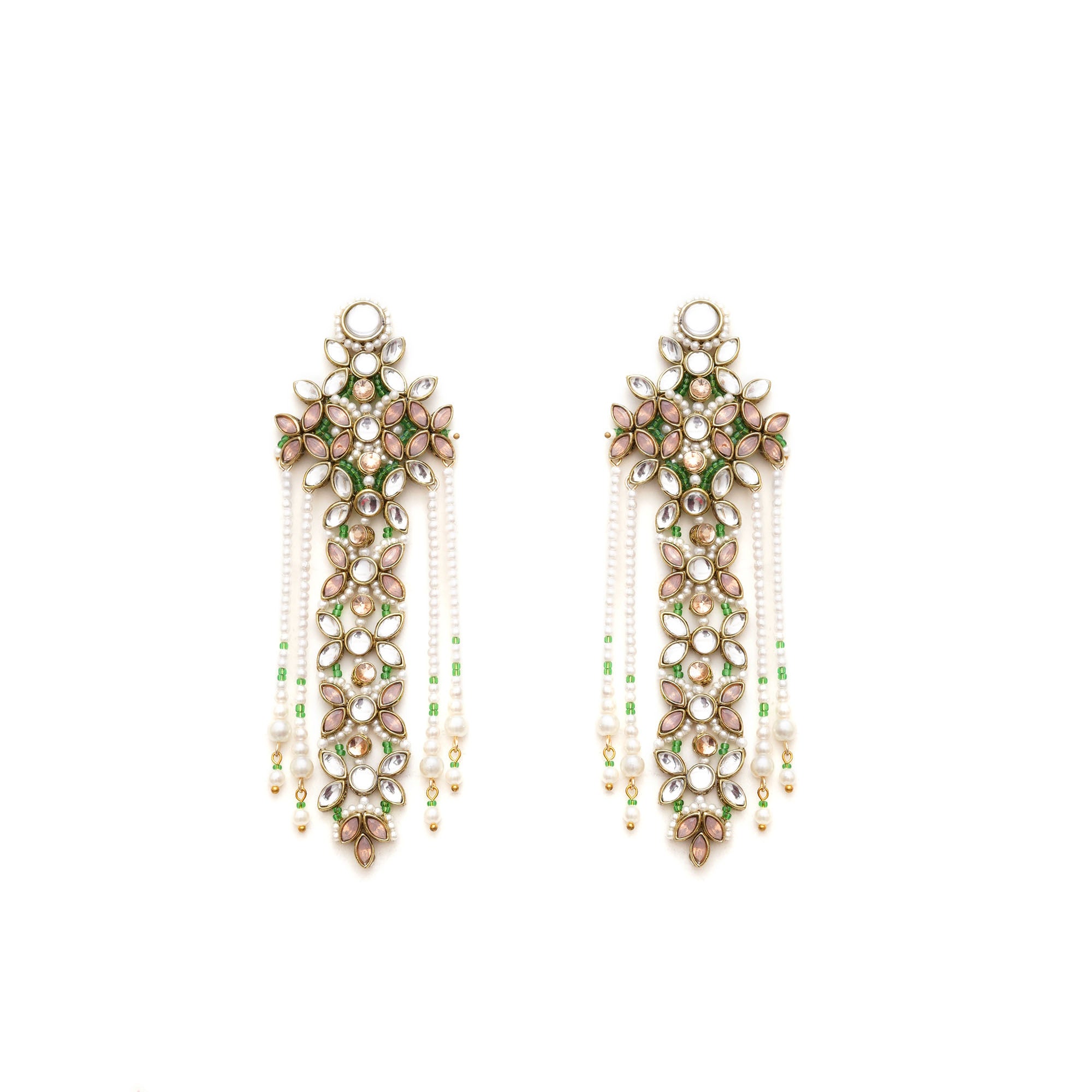 Multicolored Floral Kundan Drop Earrings with Pearls