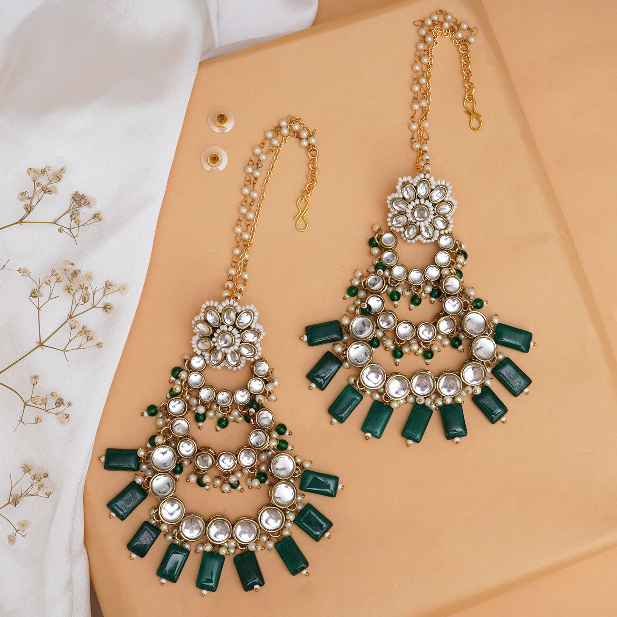 Traditional Kundan Chandelier Earrings with Green Stones