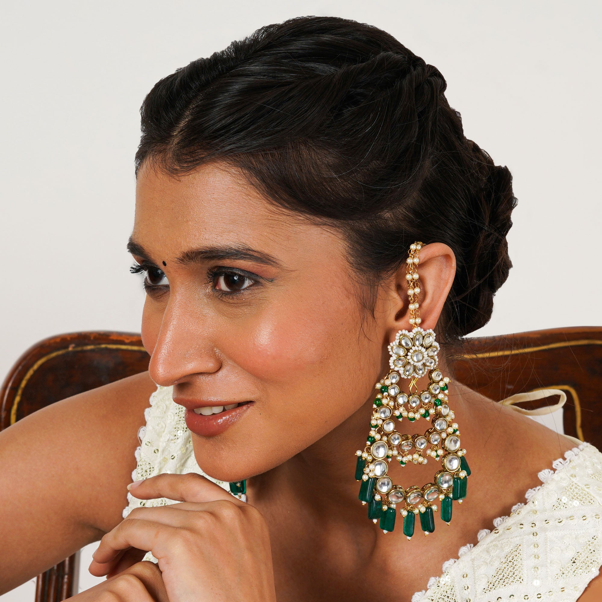 Traditional Kundan Chandelier Earrings with Green Stones