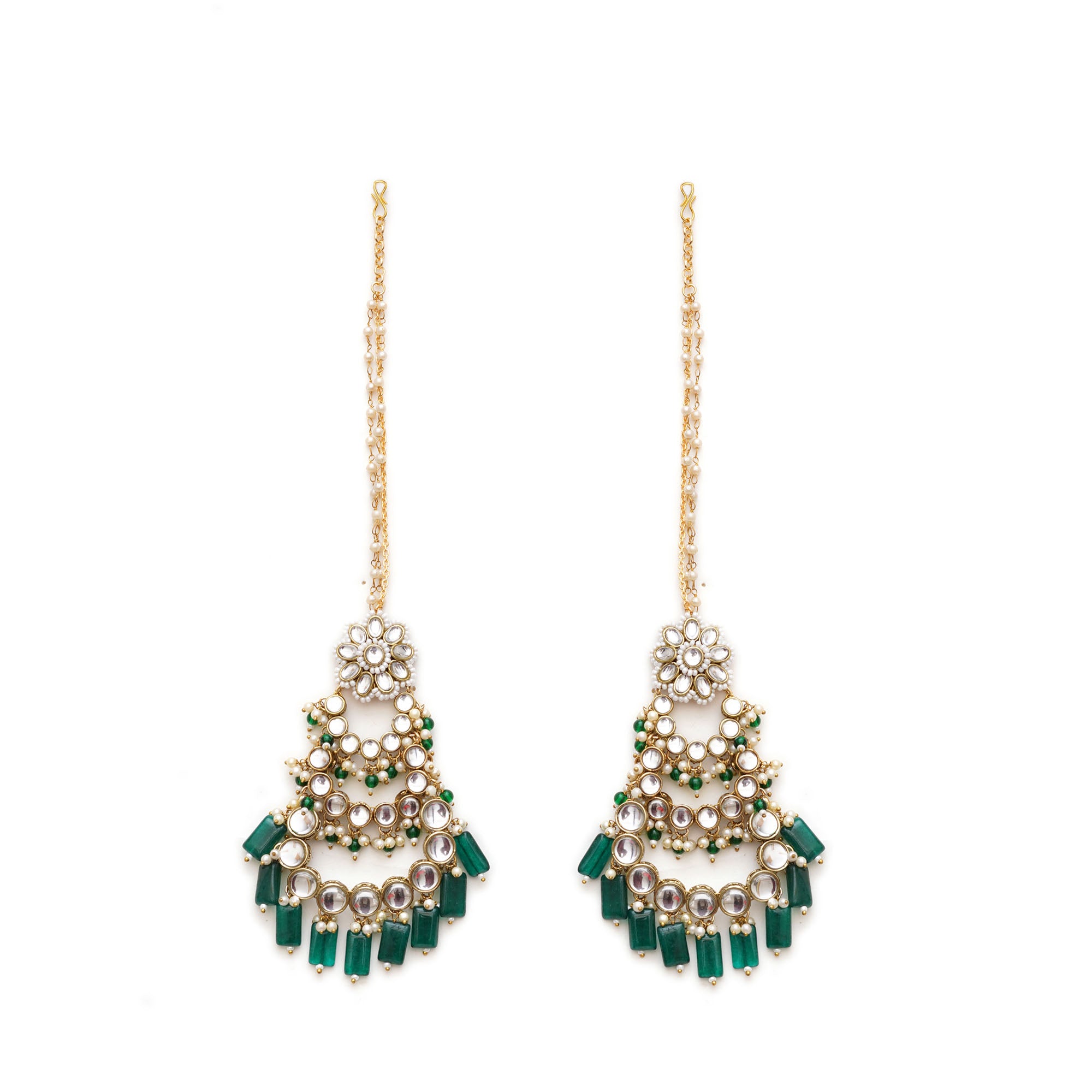 Traditional Kundan Chandelier Earrings with Green Stones