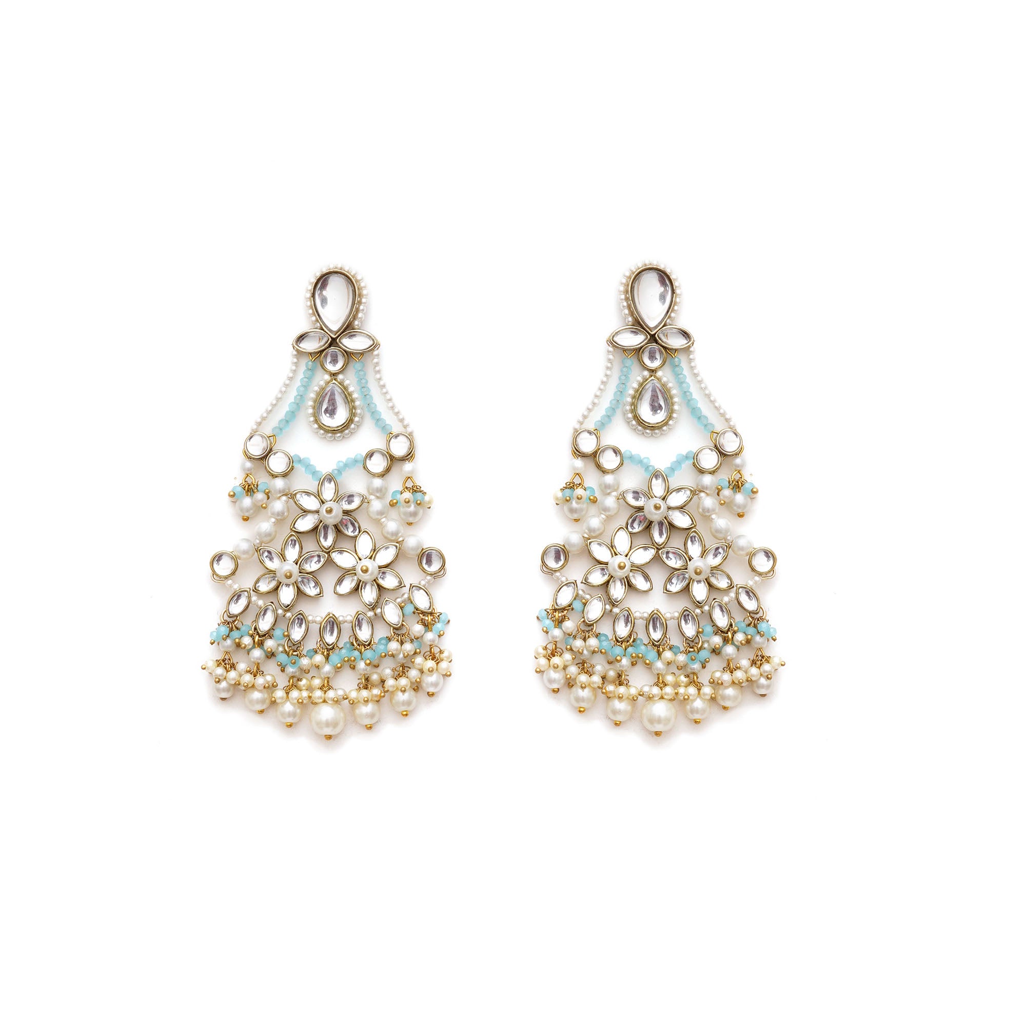 Pastel Kundan Earrings with Floral Design and Pearl Fringe