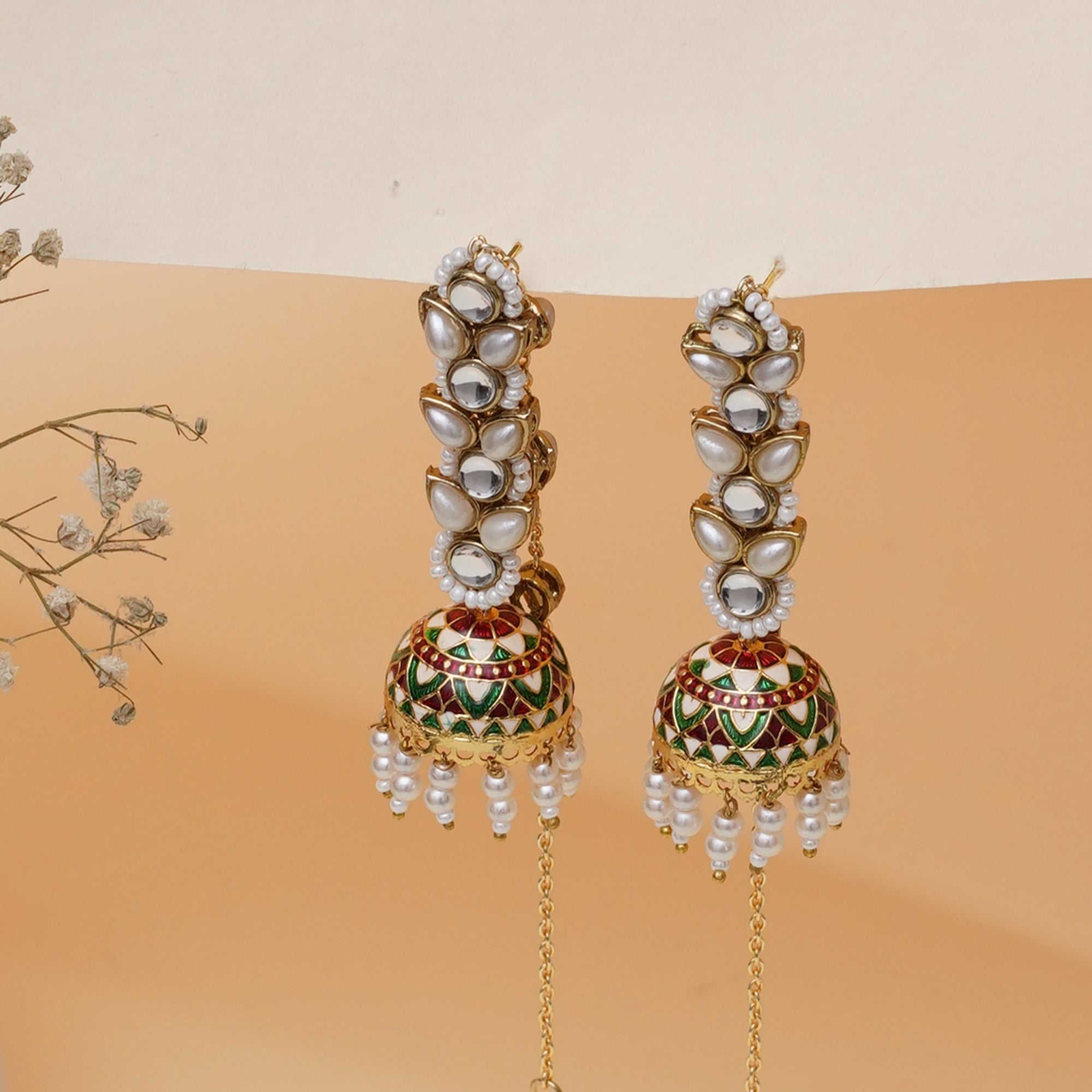 Red Meenakari Jhumki Kundan Kanauti Earrings