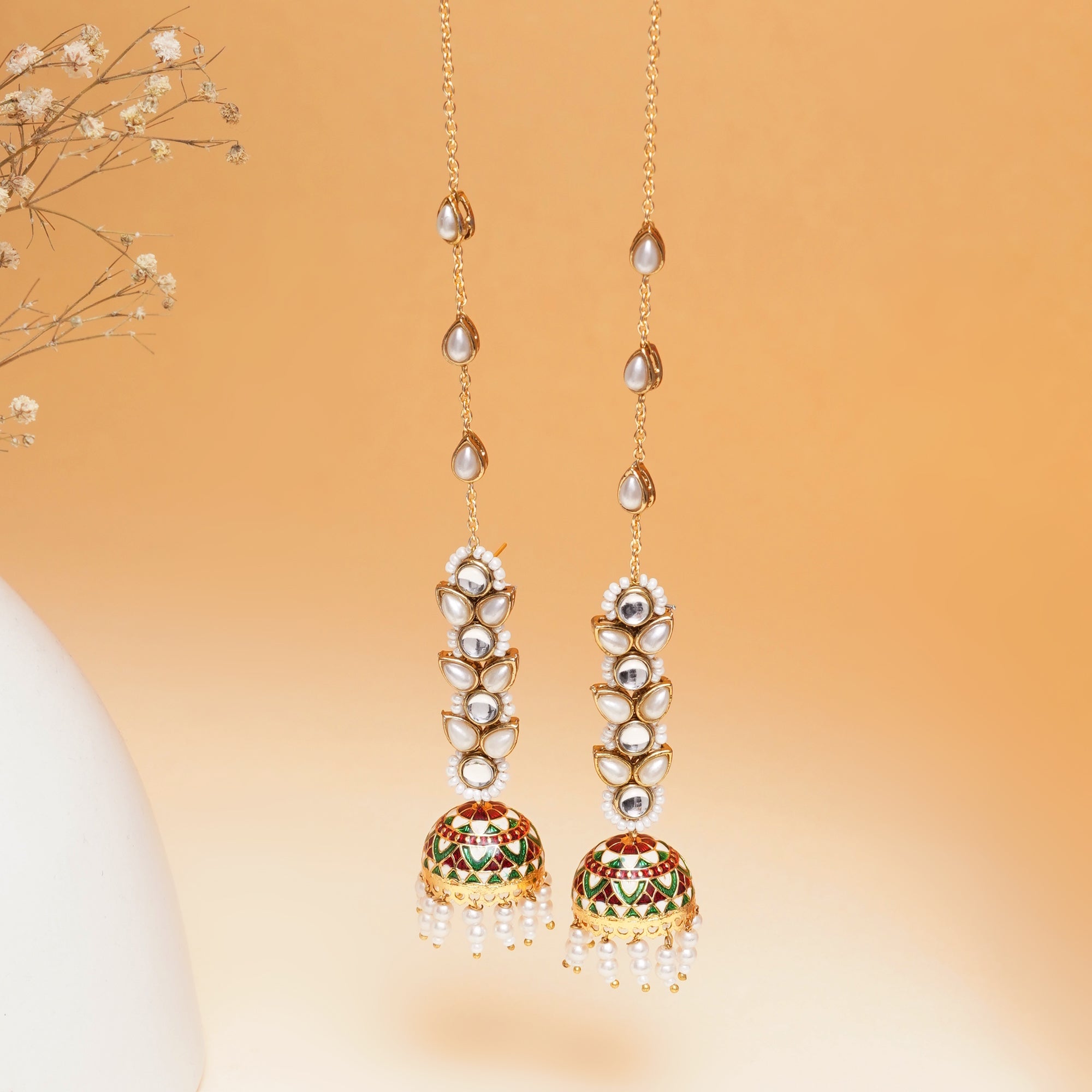 Red Meenakari Jhumki Kundan Kanauti Earrings