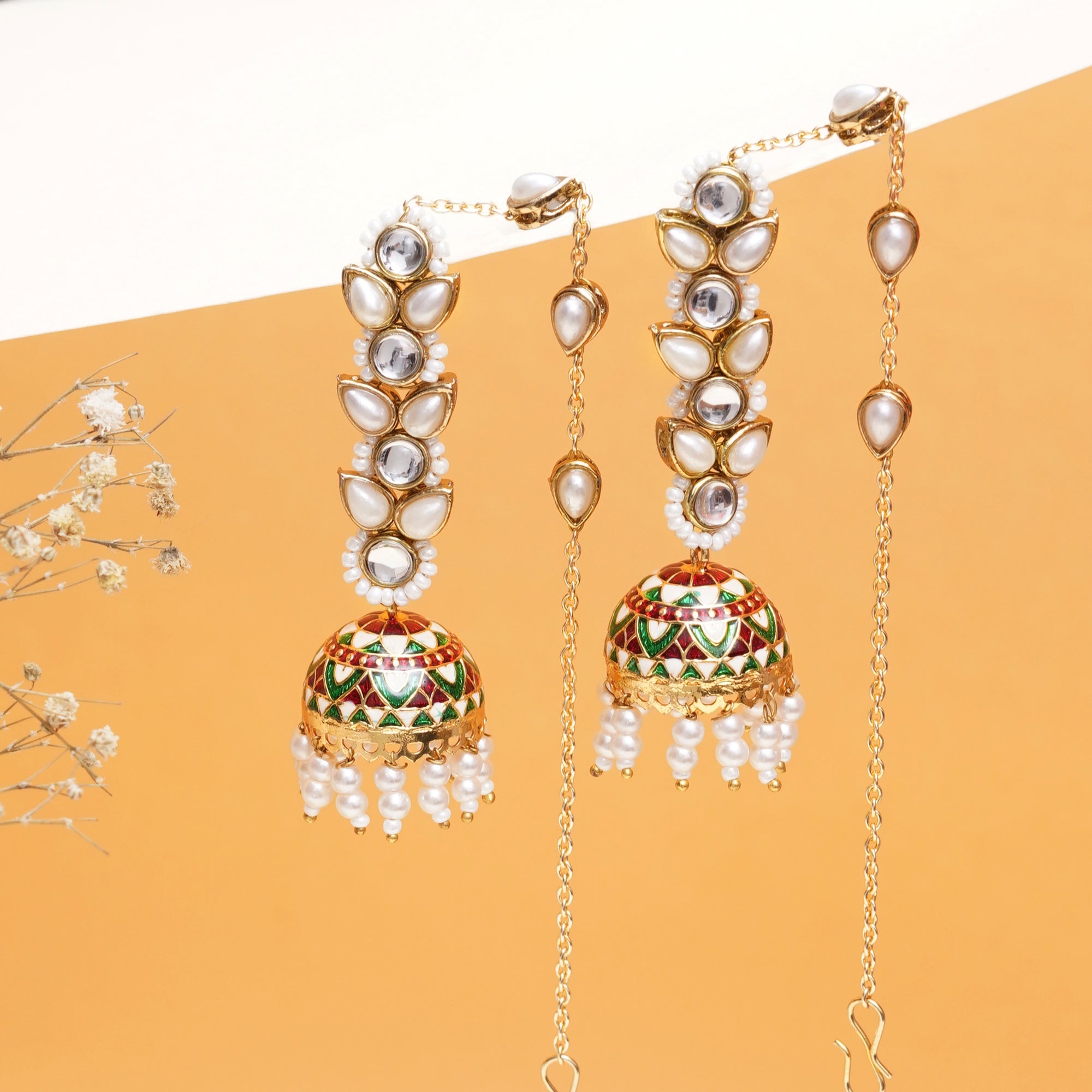 Red Meenakari Jhumki Kundan Kanauti Earrings