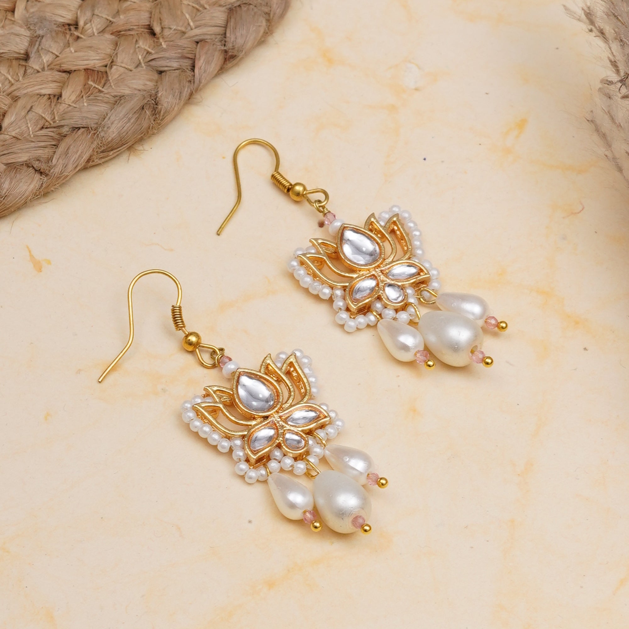 Kundan Lotus Pearl Drop Earrings
