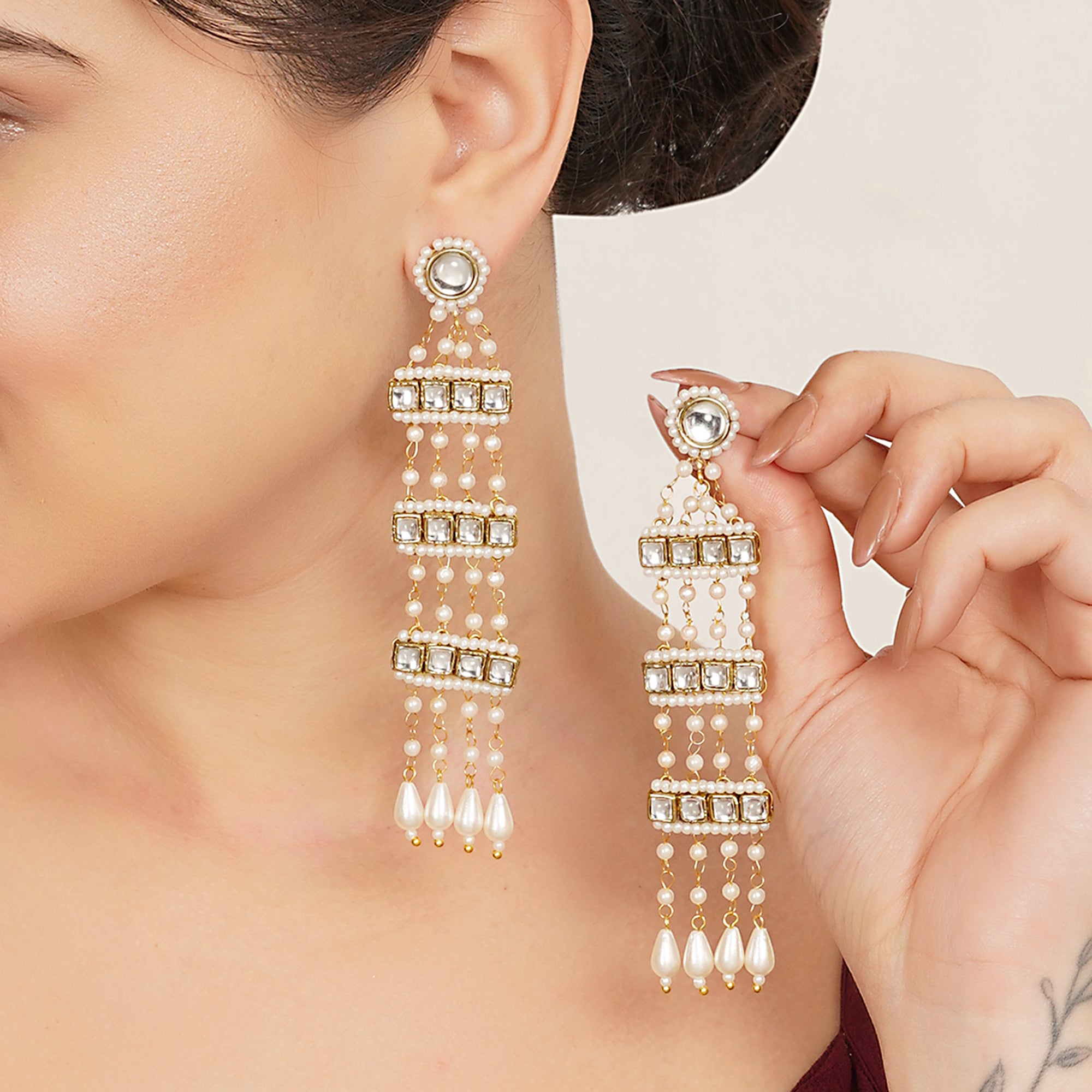 Kundan Pearl Cascade Earrings