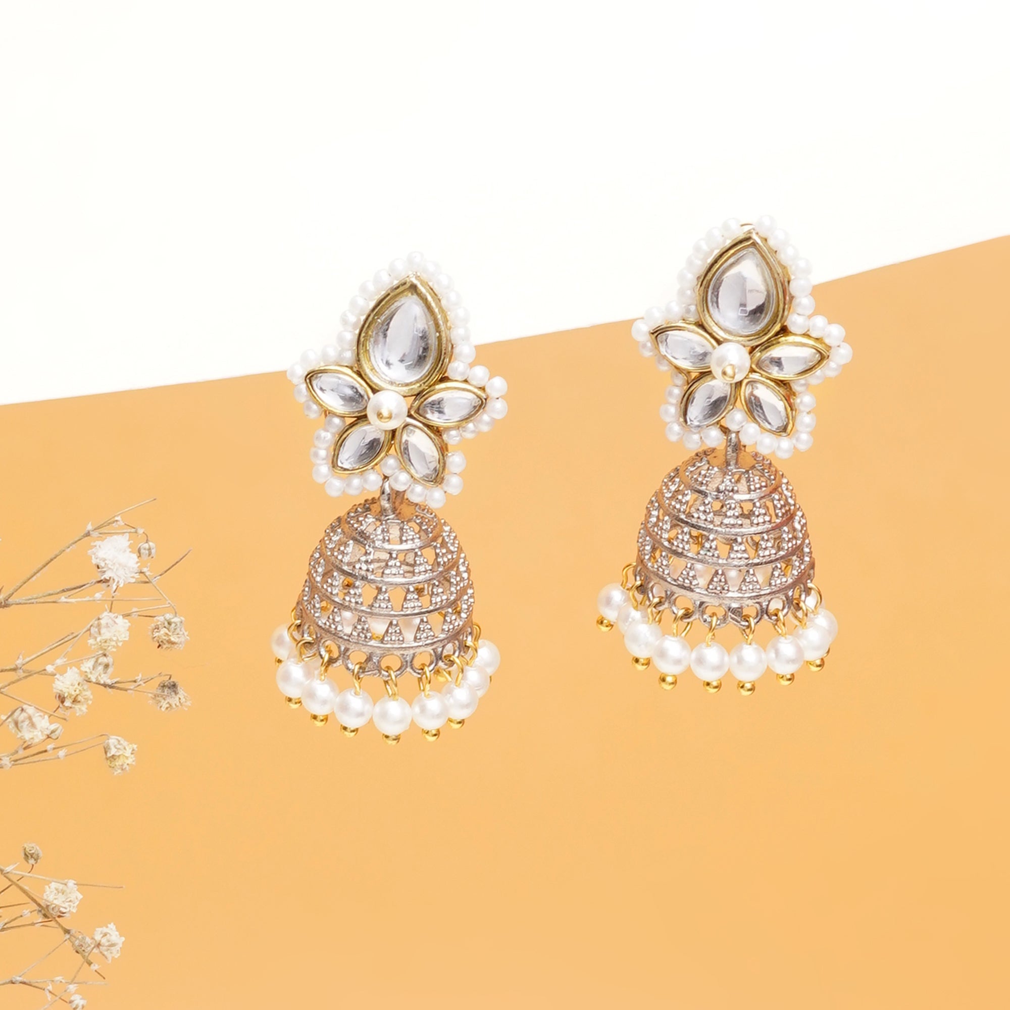 Kundan Pearl Floral Jhumki