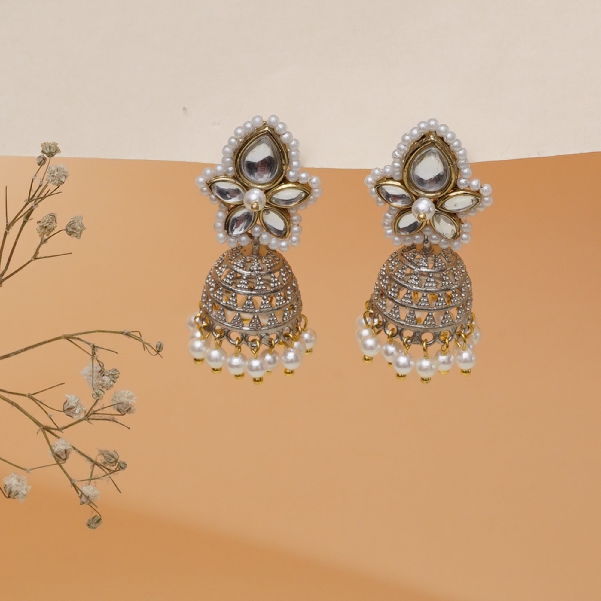 Kundan Pearl Floral Jhumki