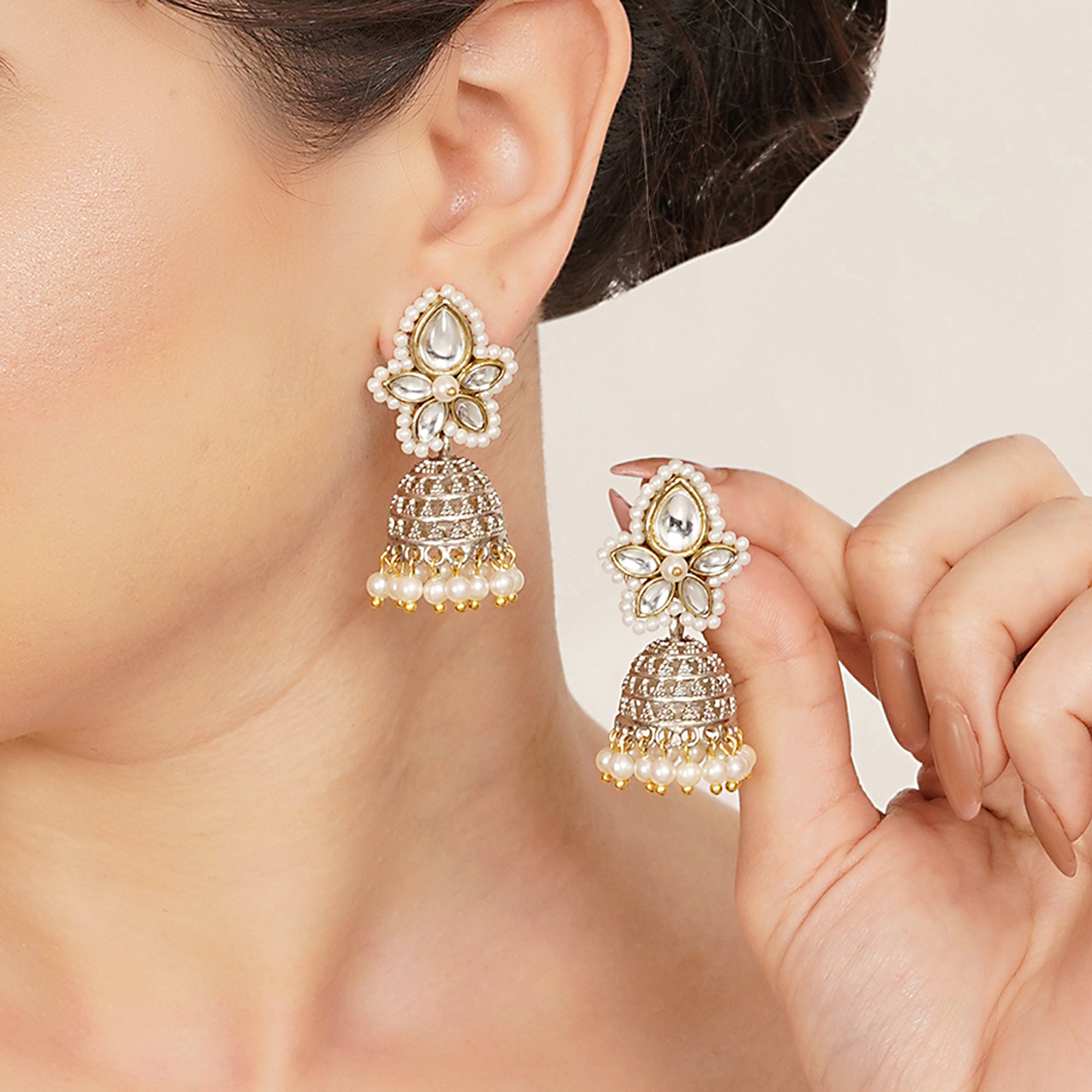 Kundan Pearl Floral Jhumki
