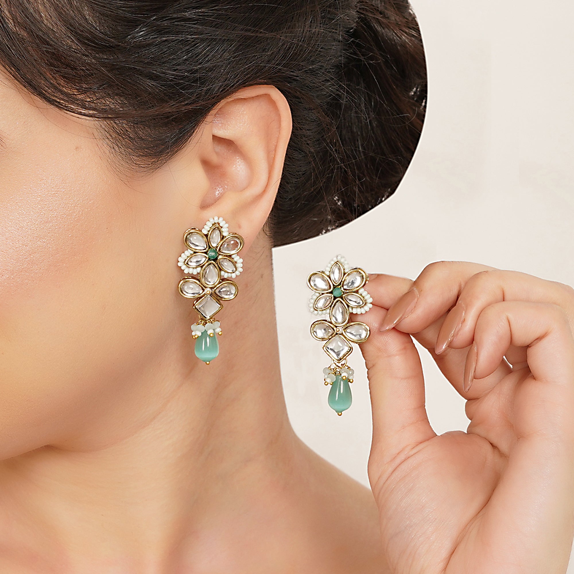 The Floral Grace Kundan & Mint Drop Earrings