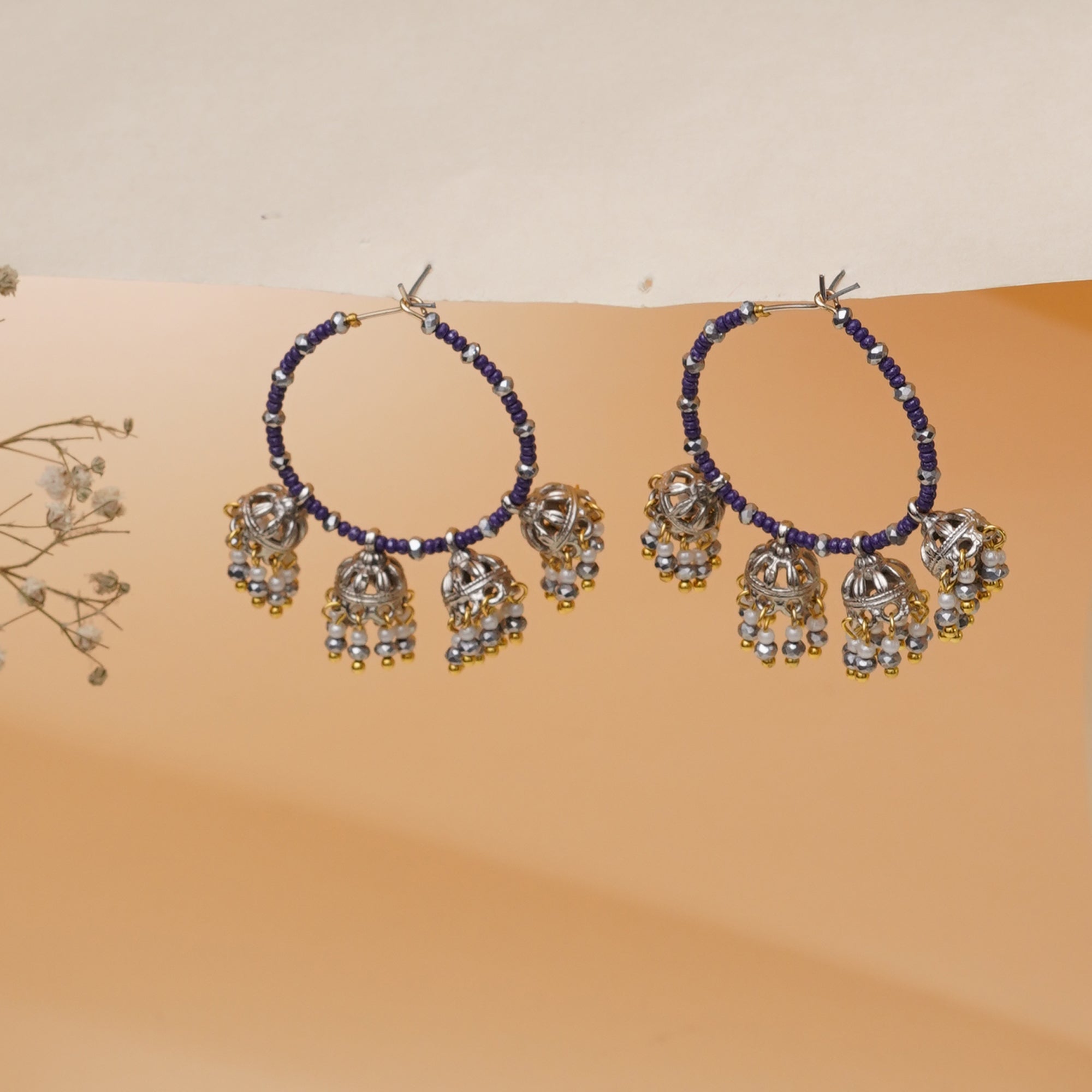 The Indigo Charm: Multi-Jhumka Beaded Hoops Earrings