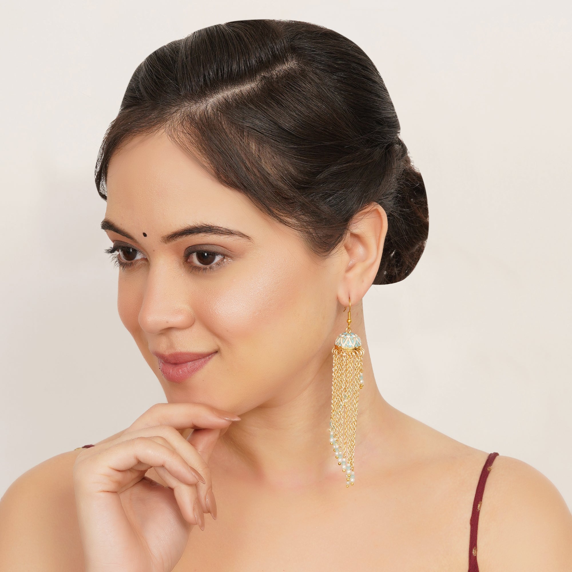 Meenakari Jhumkas with Cascading Bead Strands Earrings