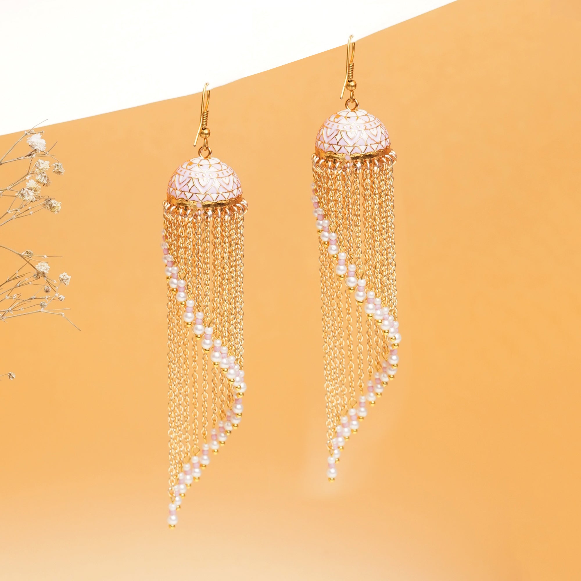 Meenakari Jhumkas with Cascading Bead Strands Earrings