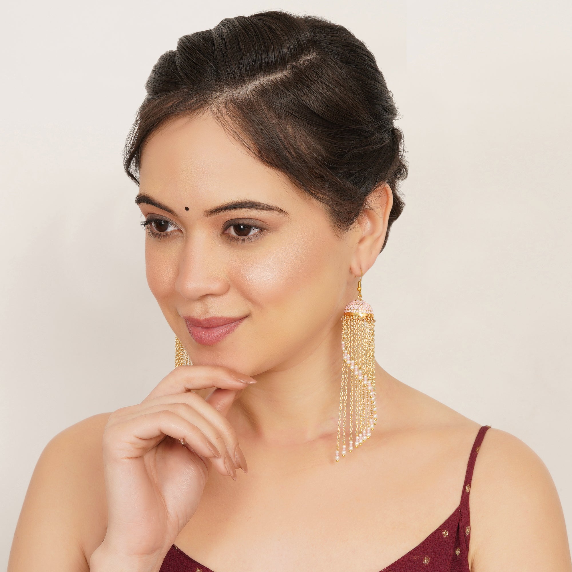 Meenakari Jhumkas with Cascading Bead Strands Earrings
