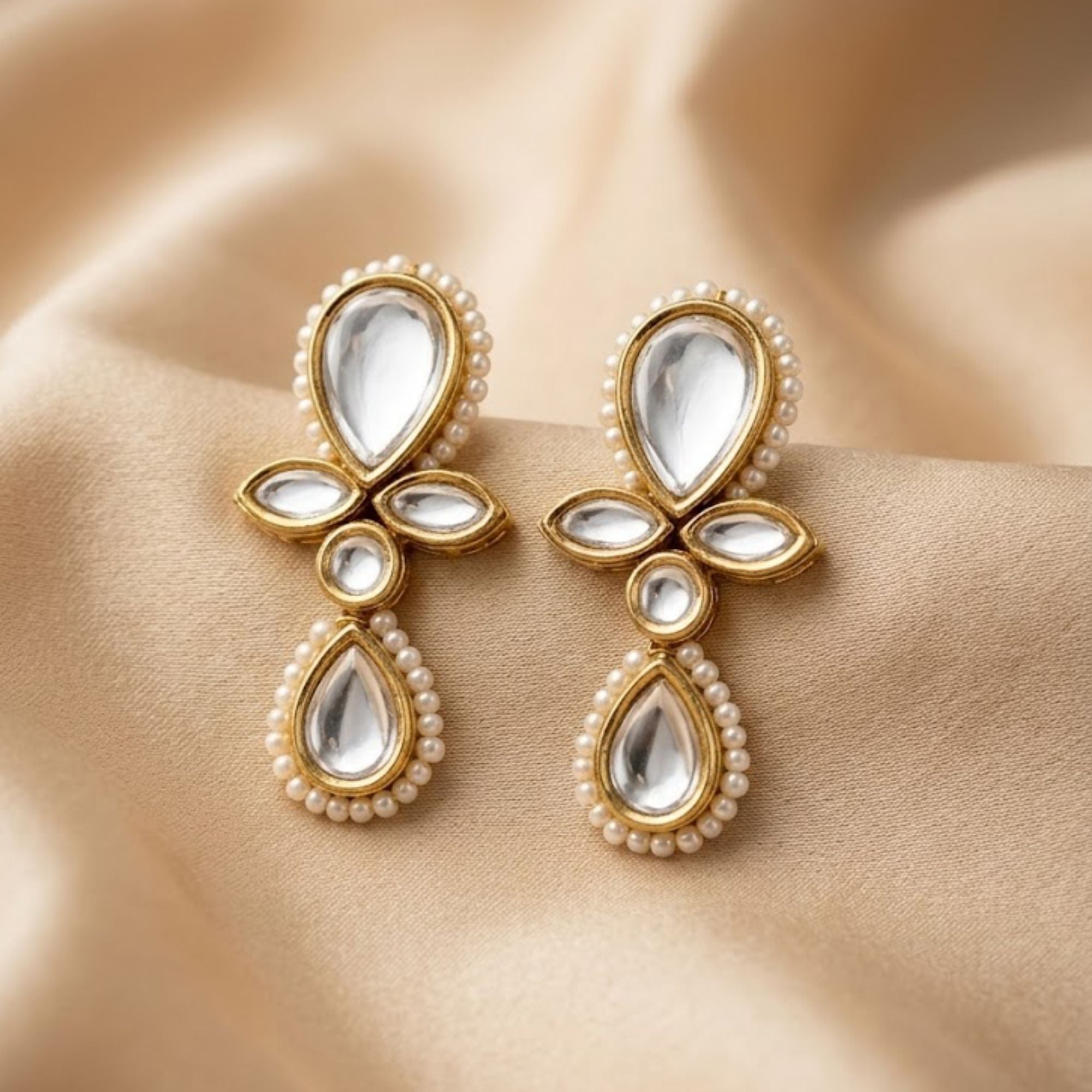 Kundan & Pearl Drop Floral Earrings