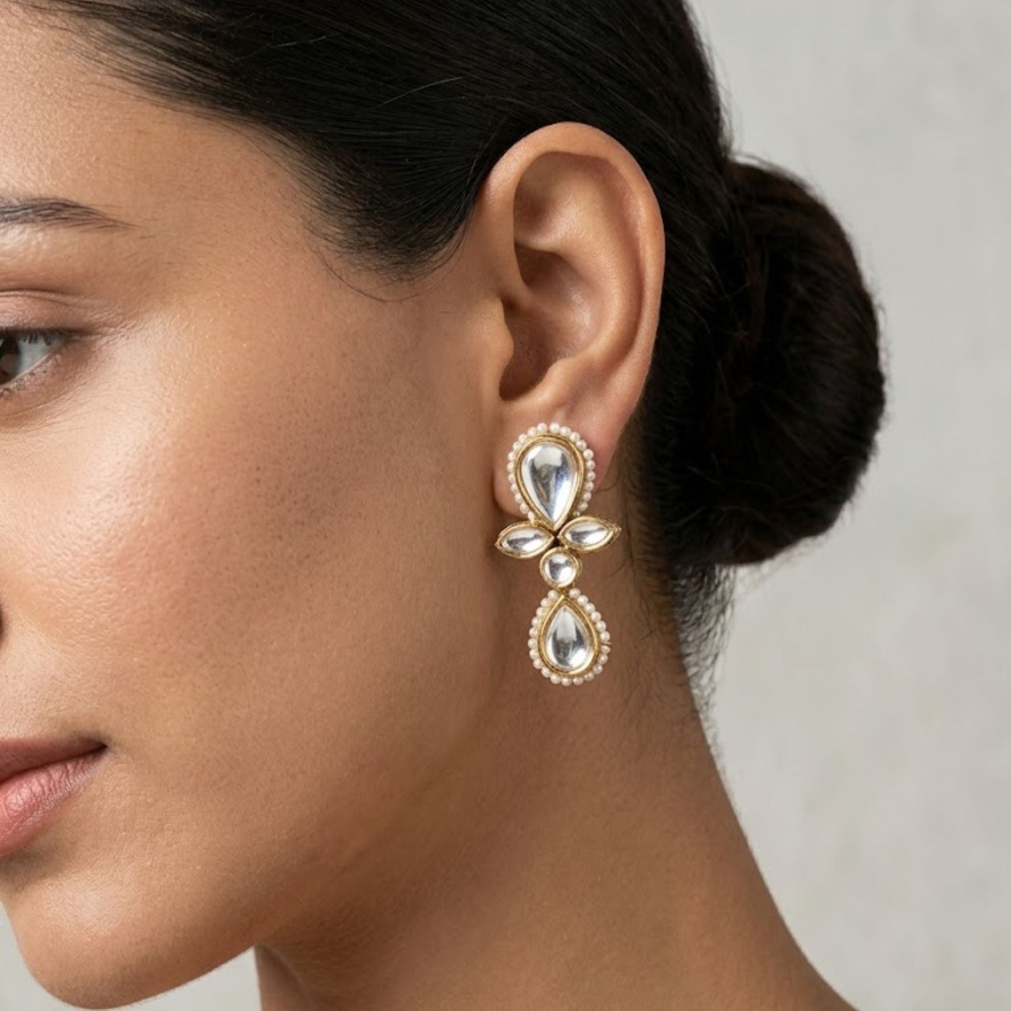 Kundan & Pearl Drop Floral Earrings