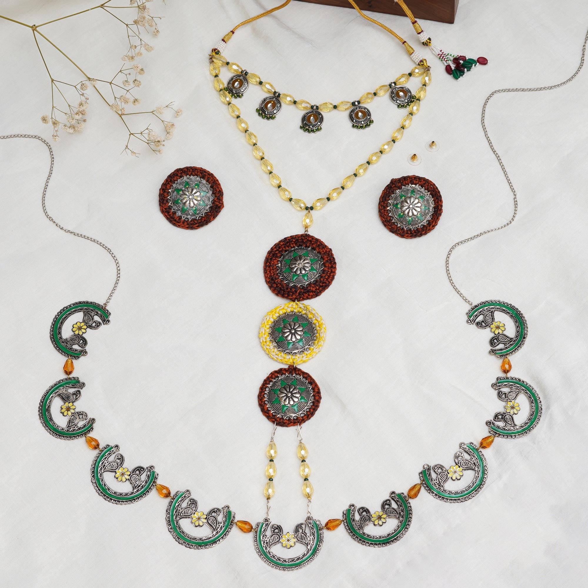 Multi-Stranded Bohemian Jewelry Set with Circular Charms