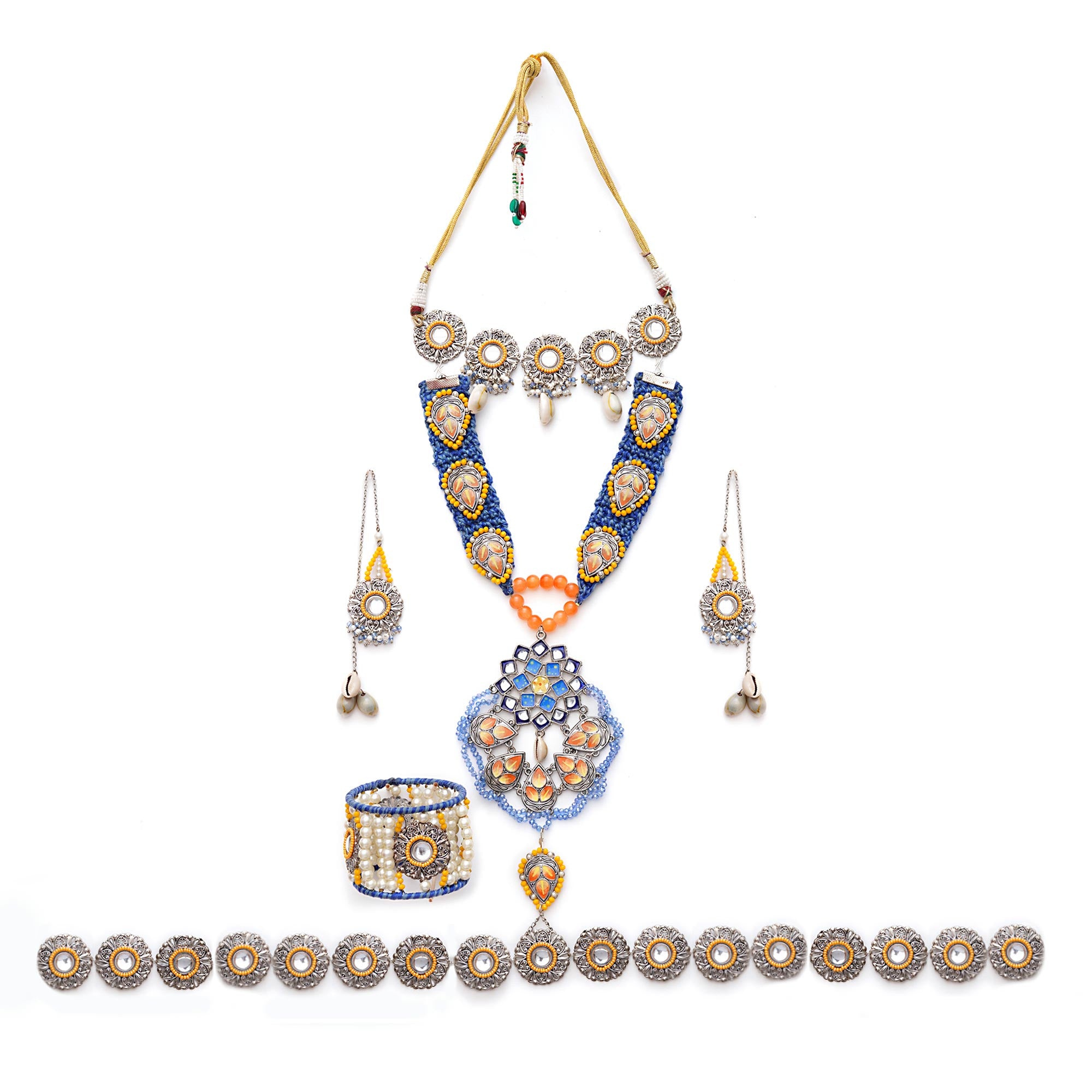 Boho-Inspired Complete Kundan Jewelry Set with Bangle,Necklace, Waistbelt, and Earrings