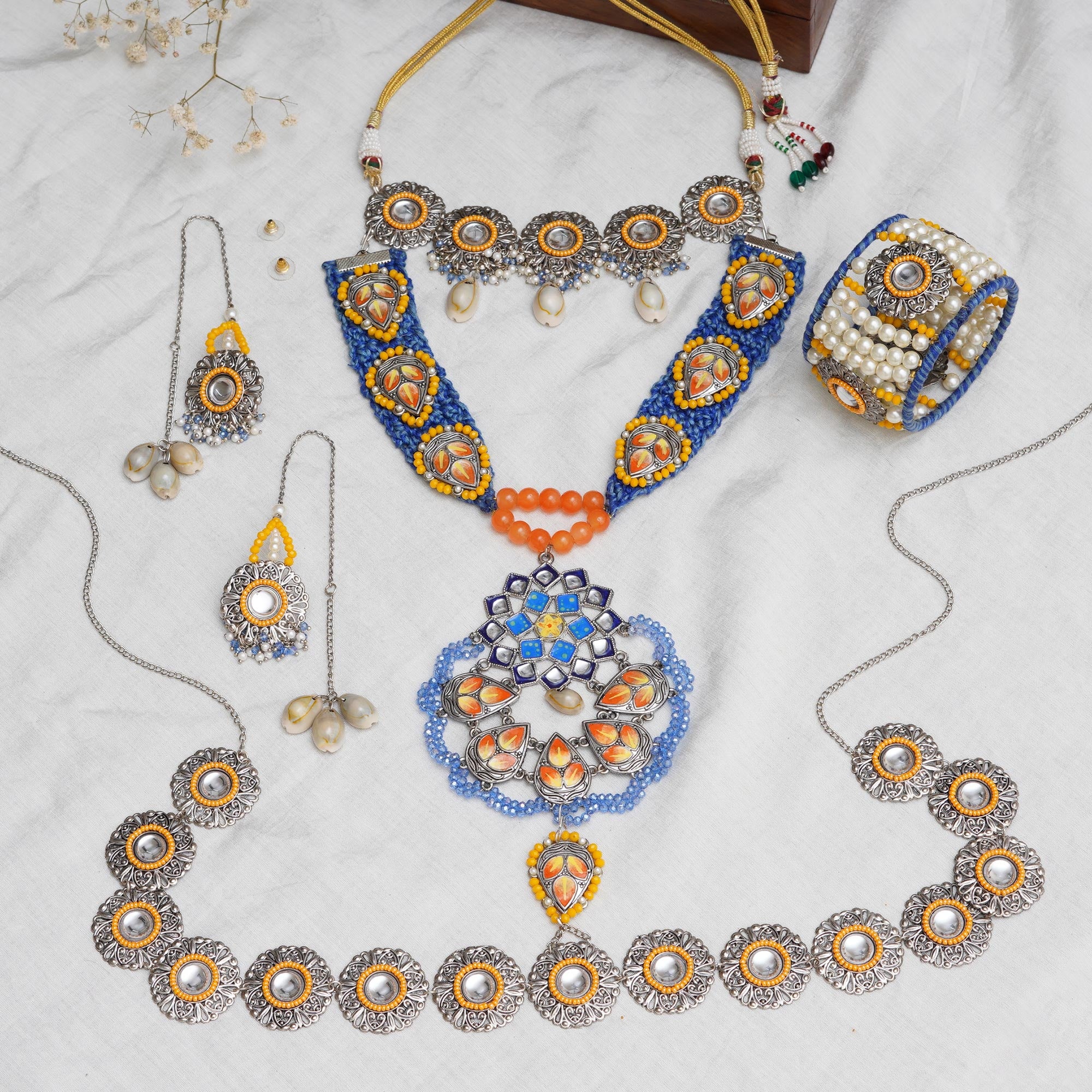 Boho-Inspired Complete Kundan Jewelry Set with Bangle,Necklace, Waistbelt, and Earrings