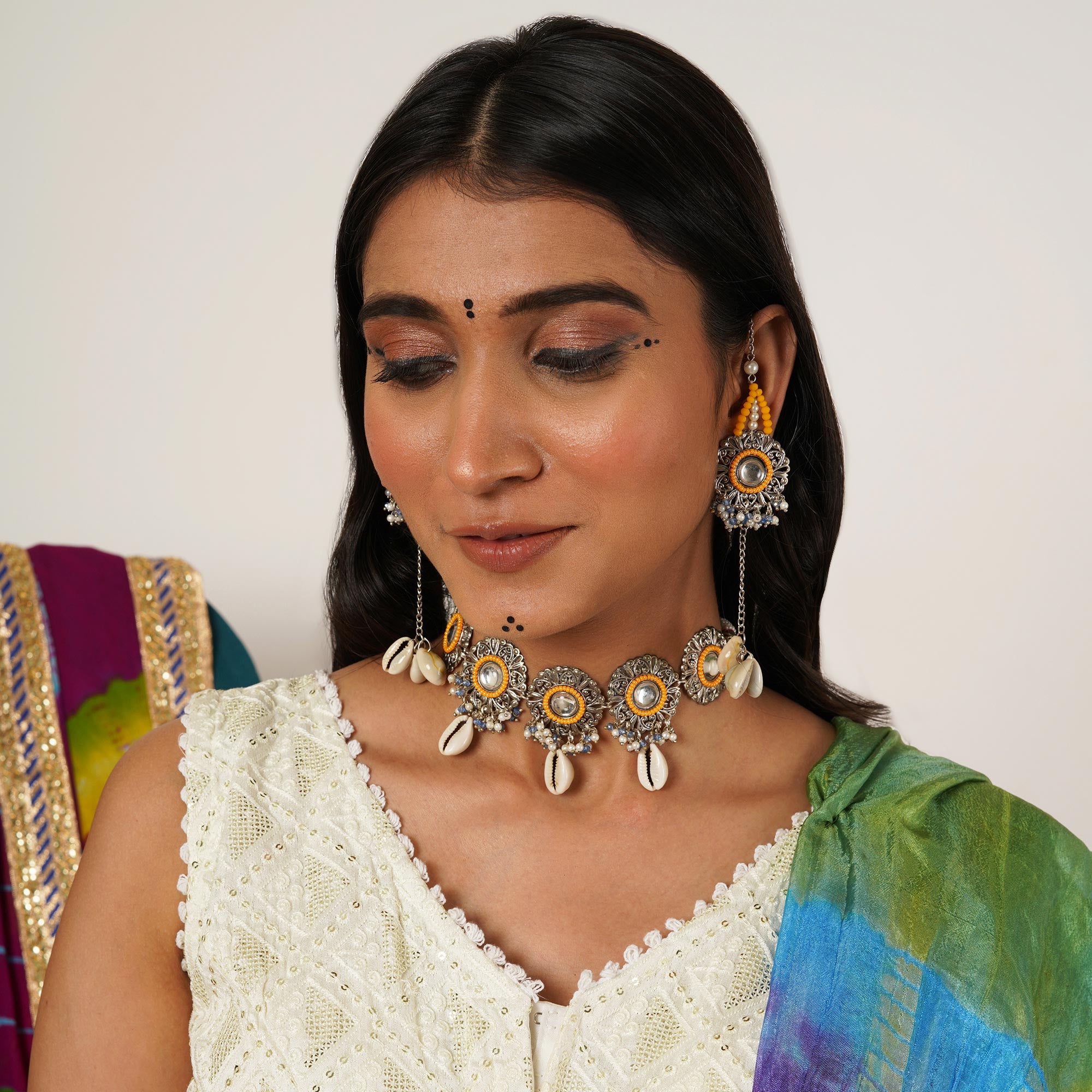 Boho-Inspired Complete Kundan Jewelry Set with Bangle,Necklace, Waistbelt, and Earrings