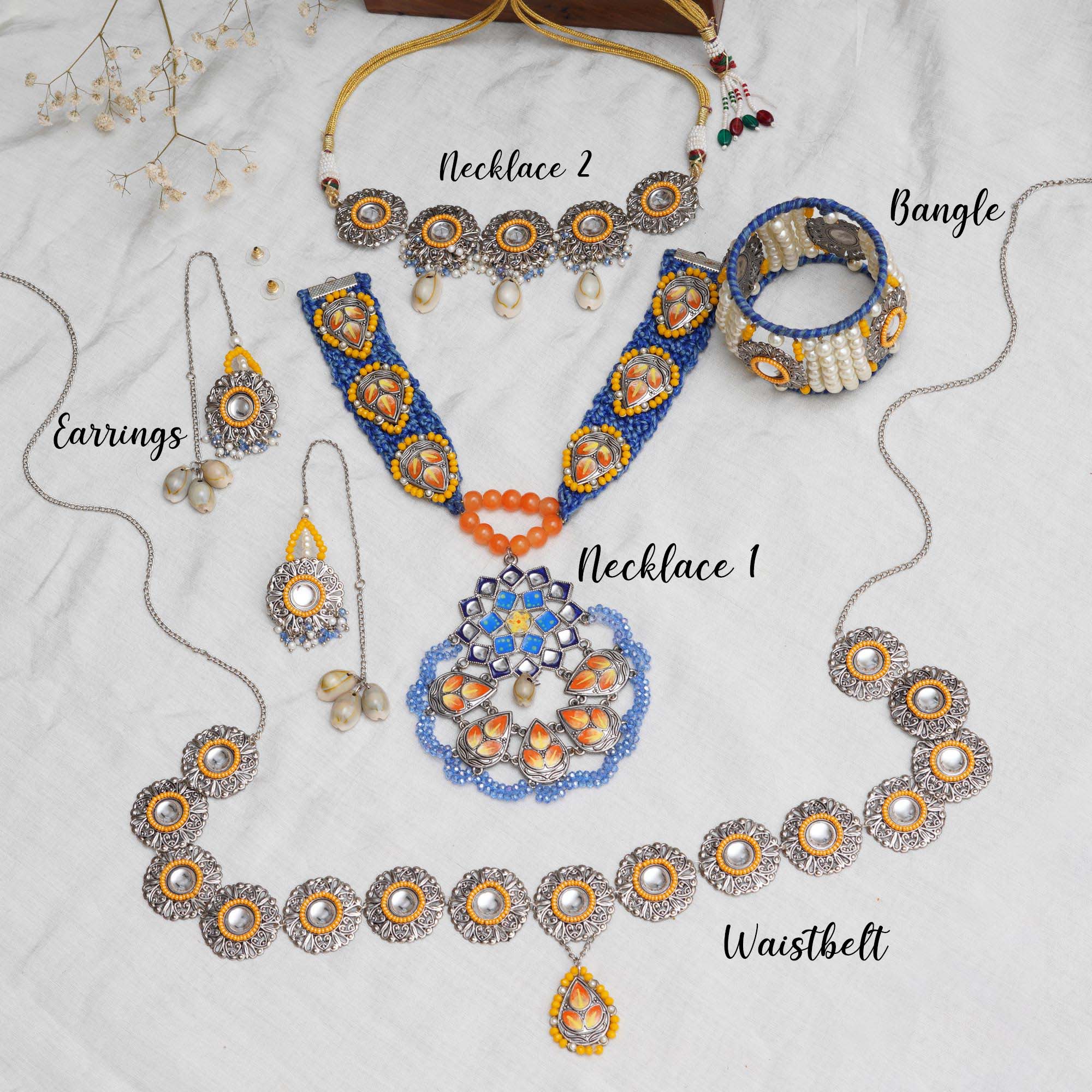 Boho-Inspired Complete Kundan Jewelry Set with Bangle,Necklace, Waistbelt, and Earrings