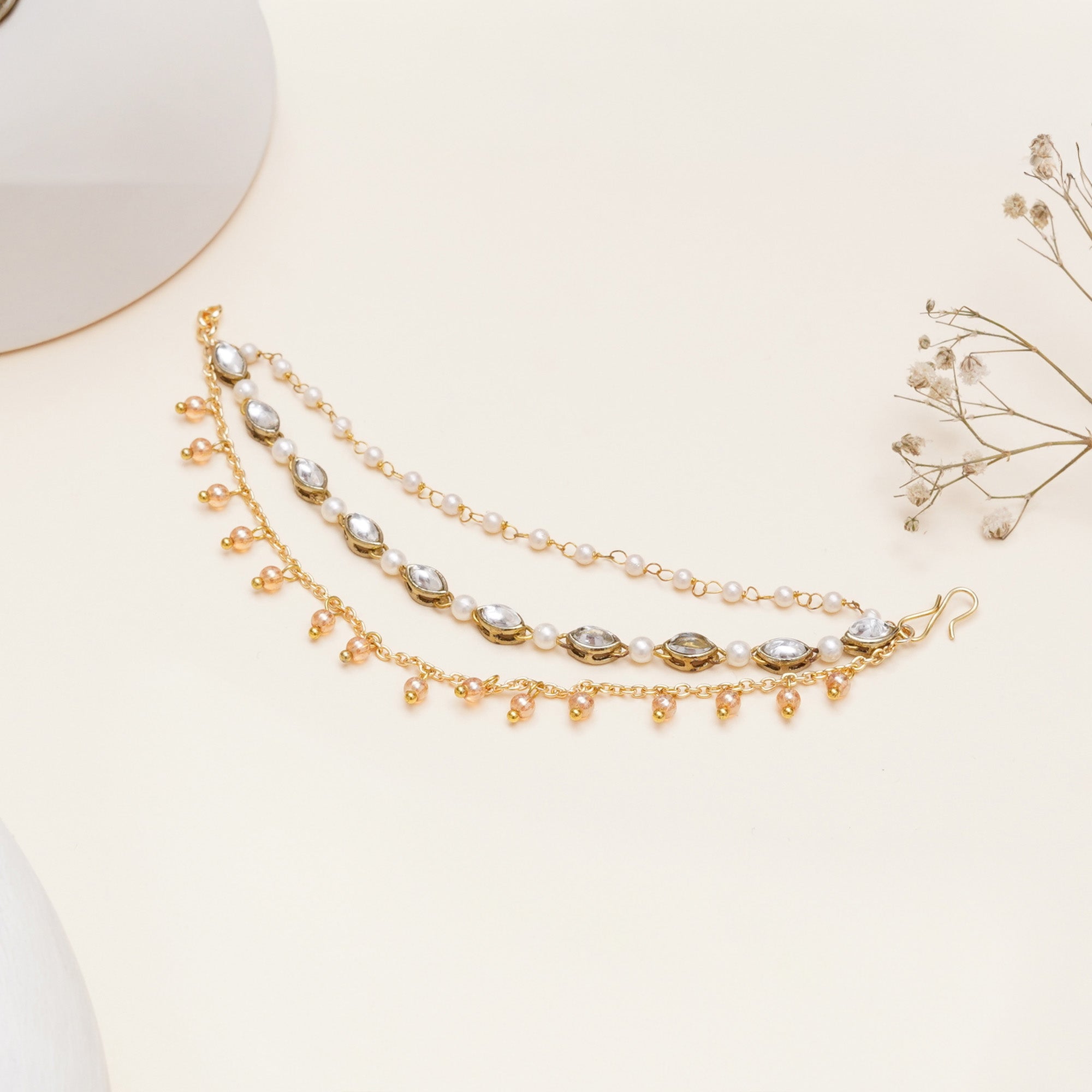 Kundan Pearl Layered Hair Chain with Golden Drops