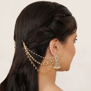 Kundan Pearl Layered Hair Chain with Golden Drops