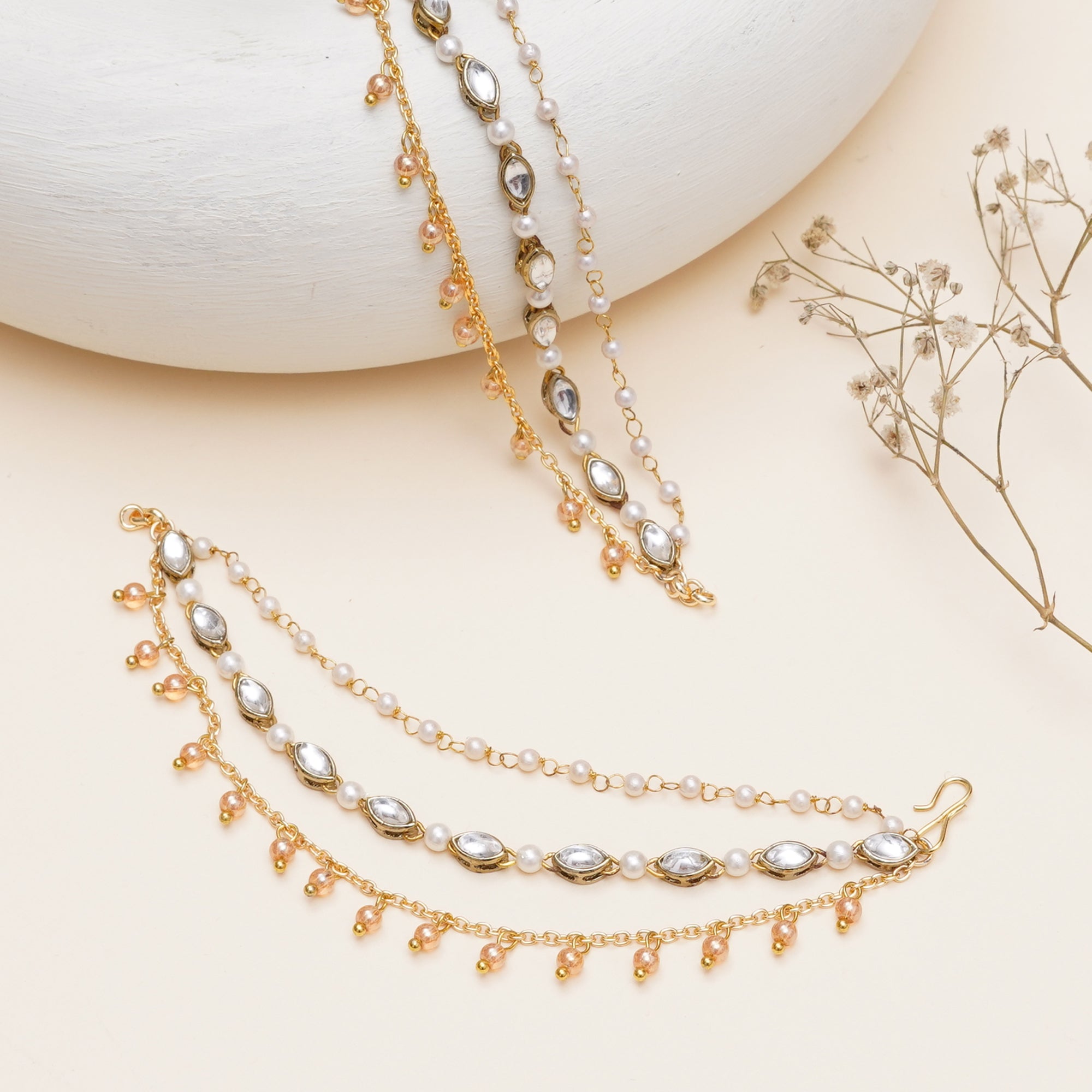 Kundan Pearl Layered Hair Chain with Golden Drops