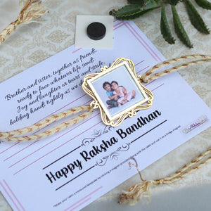 BeAbhika Gold Tone Photo Frame Designer Unqiue Famous Rakhi Lightweight Easy To Tie Rakhi Available At Best Price In India Online COD Available Send Rakhi To Brother Small Brother Big Brother Younger Brother Send Rakhi Abroad With Roli Chawal Capsules