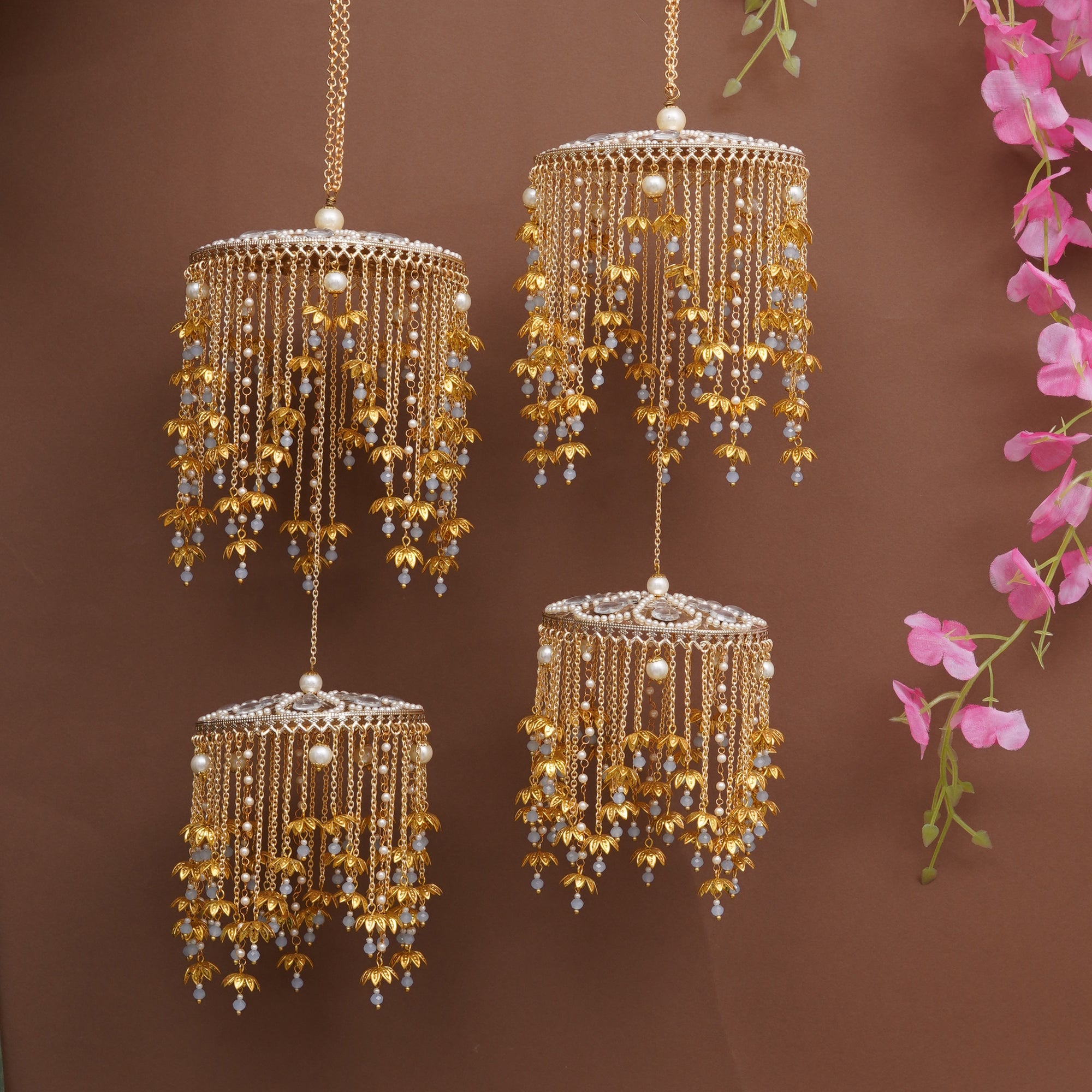 Royal Pearl Mini Lotus Dome Bridal Kaleere with Layered Chain Drops - Set Of 2 Pieces