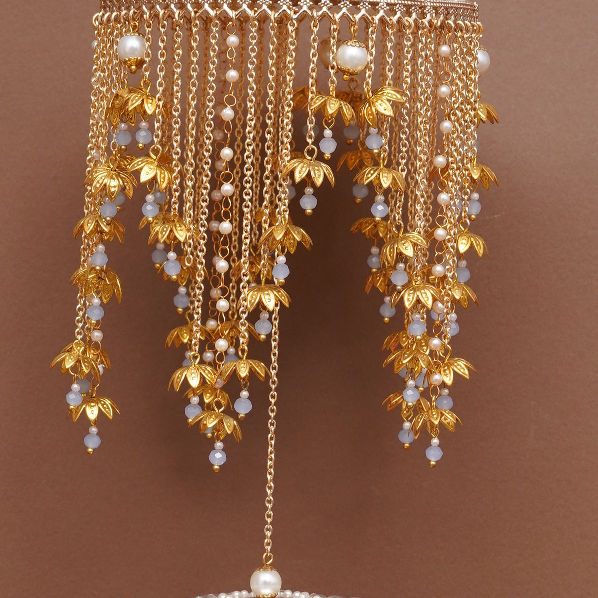 Royal Pearl Mini Lotus Dome Bridal Kaleere with Layered Chain Drops - Set Of 2 Pieces