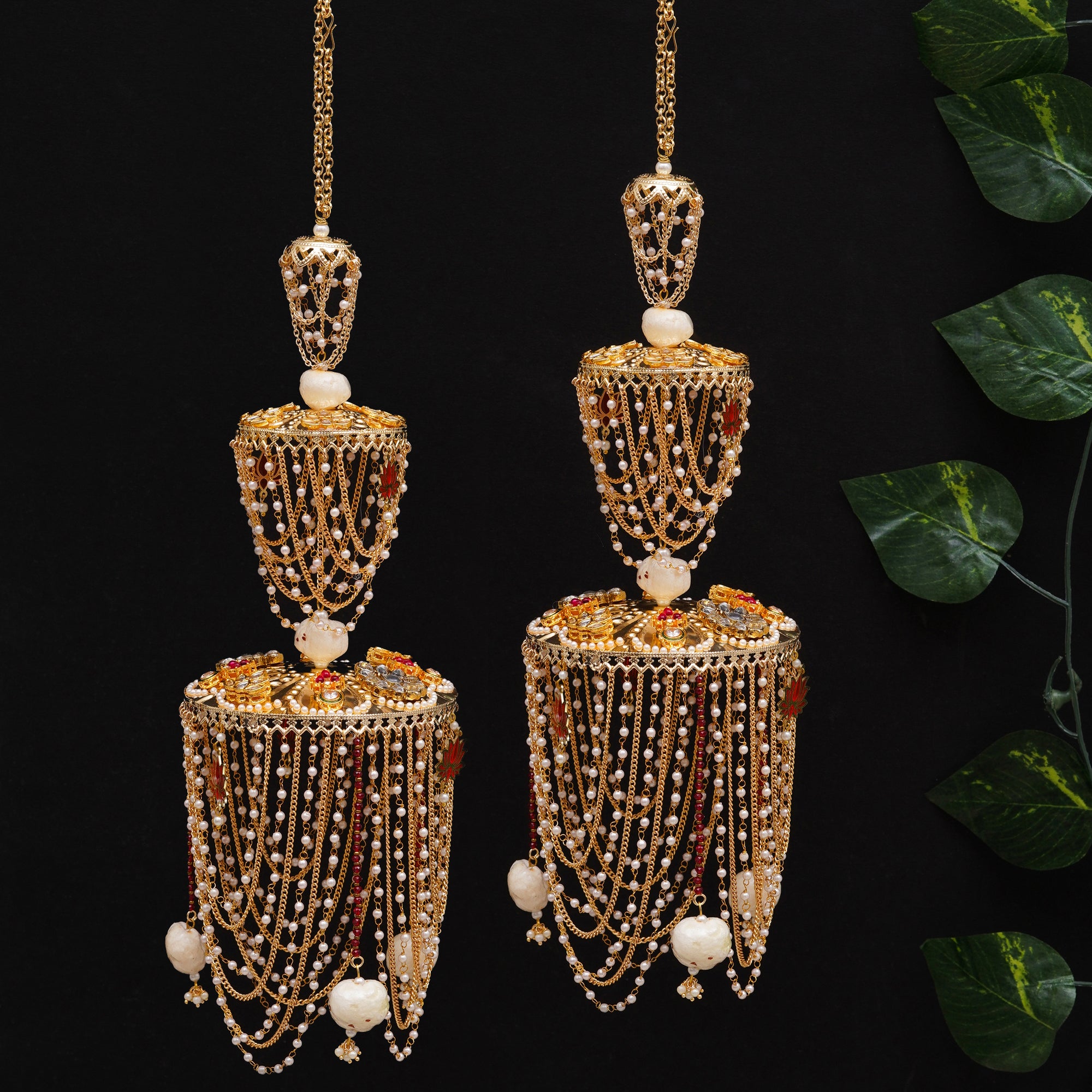 Royal Pearl Dome Bridal Kaleere with Multi-Layer Chain Drapes - Set Of 2 Pieces