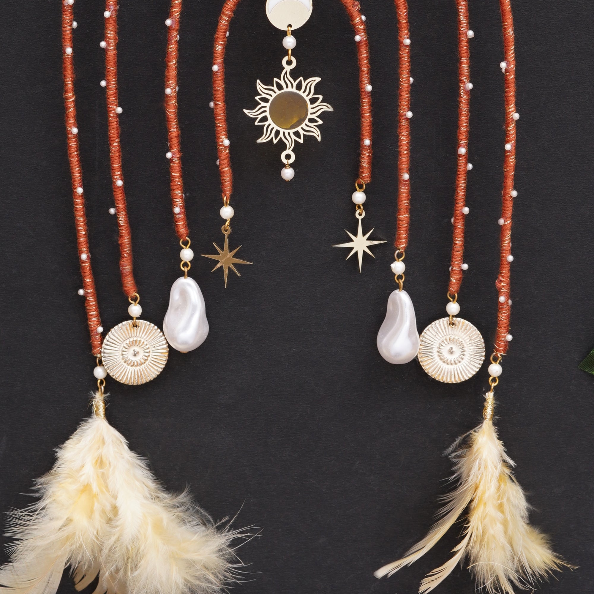 Boho Celestial Arch Bridal Kaleere with Feather & Pearl Drops - Set Of 2 Pieces