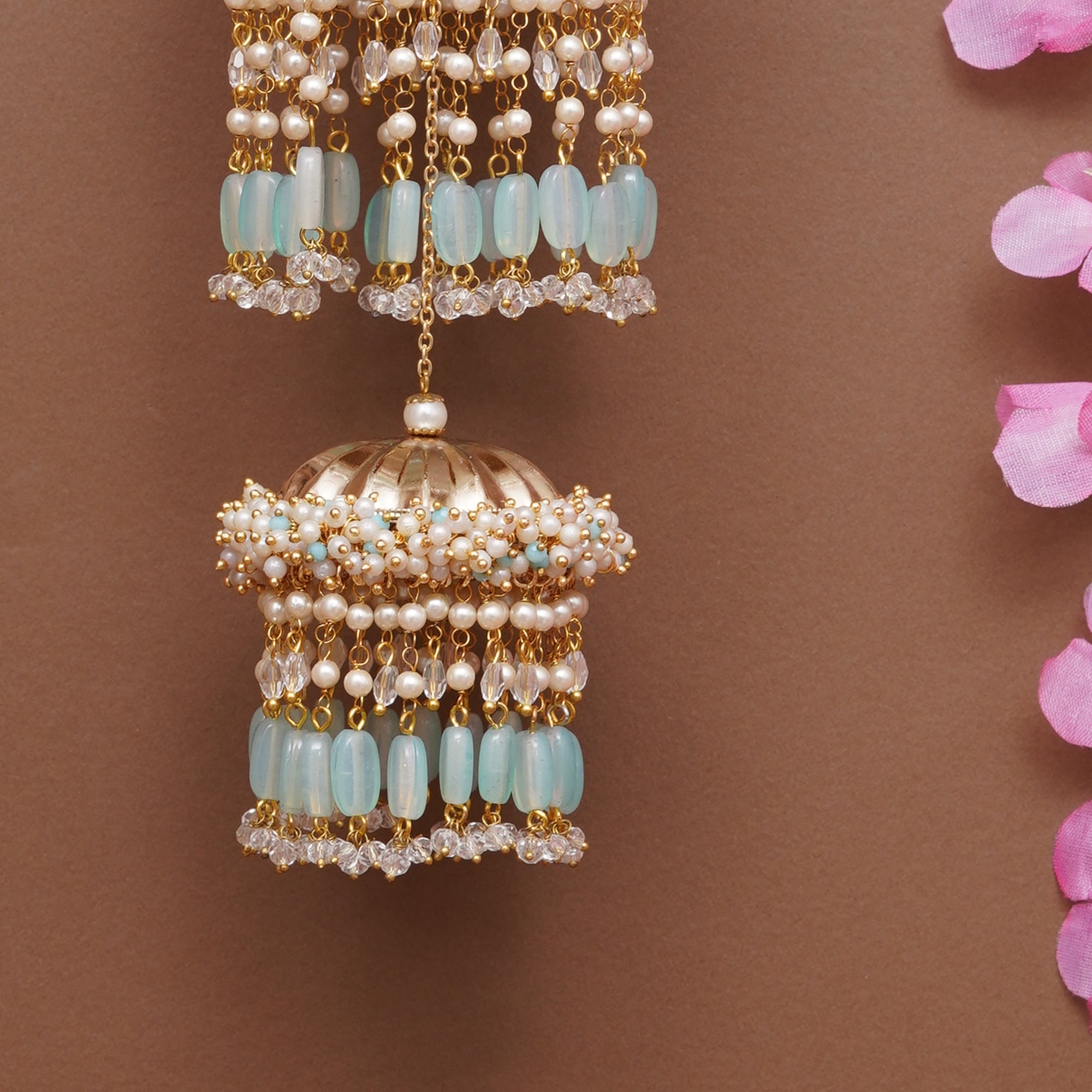Pastel Pearl Tiered Bridal Kaleere with Mint Bead Drops - Set Of 2 Pieces