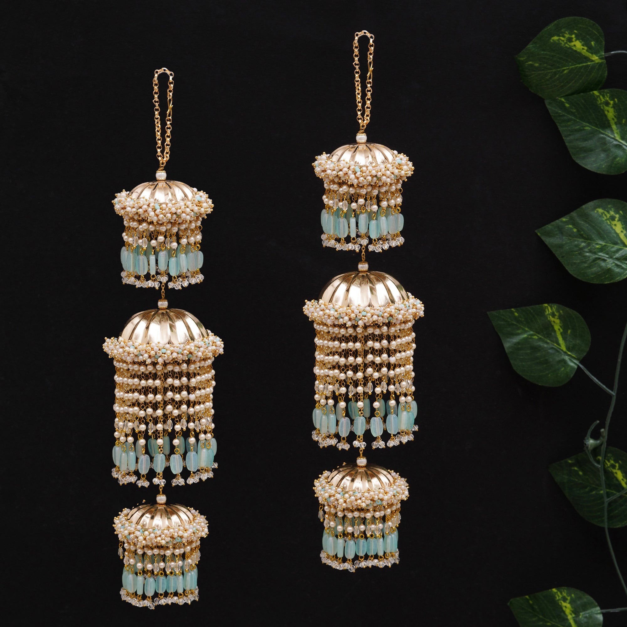 Pastel Pearl Tiered Bridal Kaleere with Mint Bead Drops - Set Of 2 Pieces