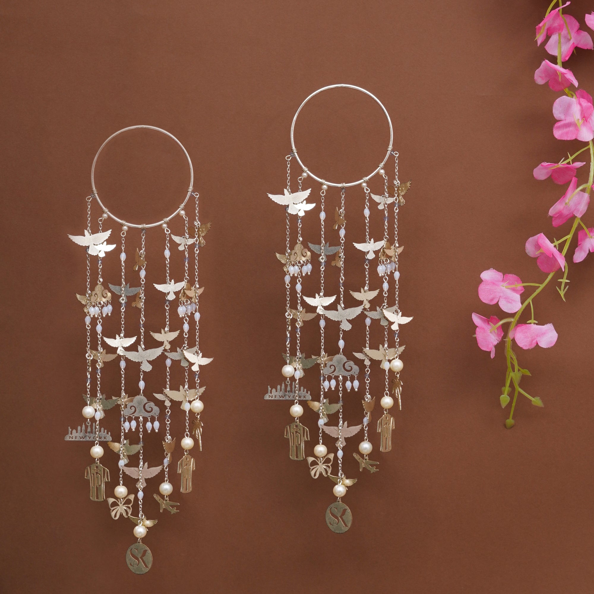Personalized Celestial Bird Bridal Kaleere with Custom Charms & Pearl Drops - Set Of 2 Pieces
