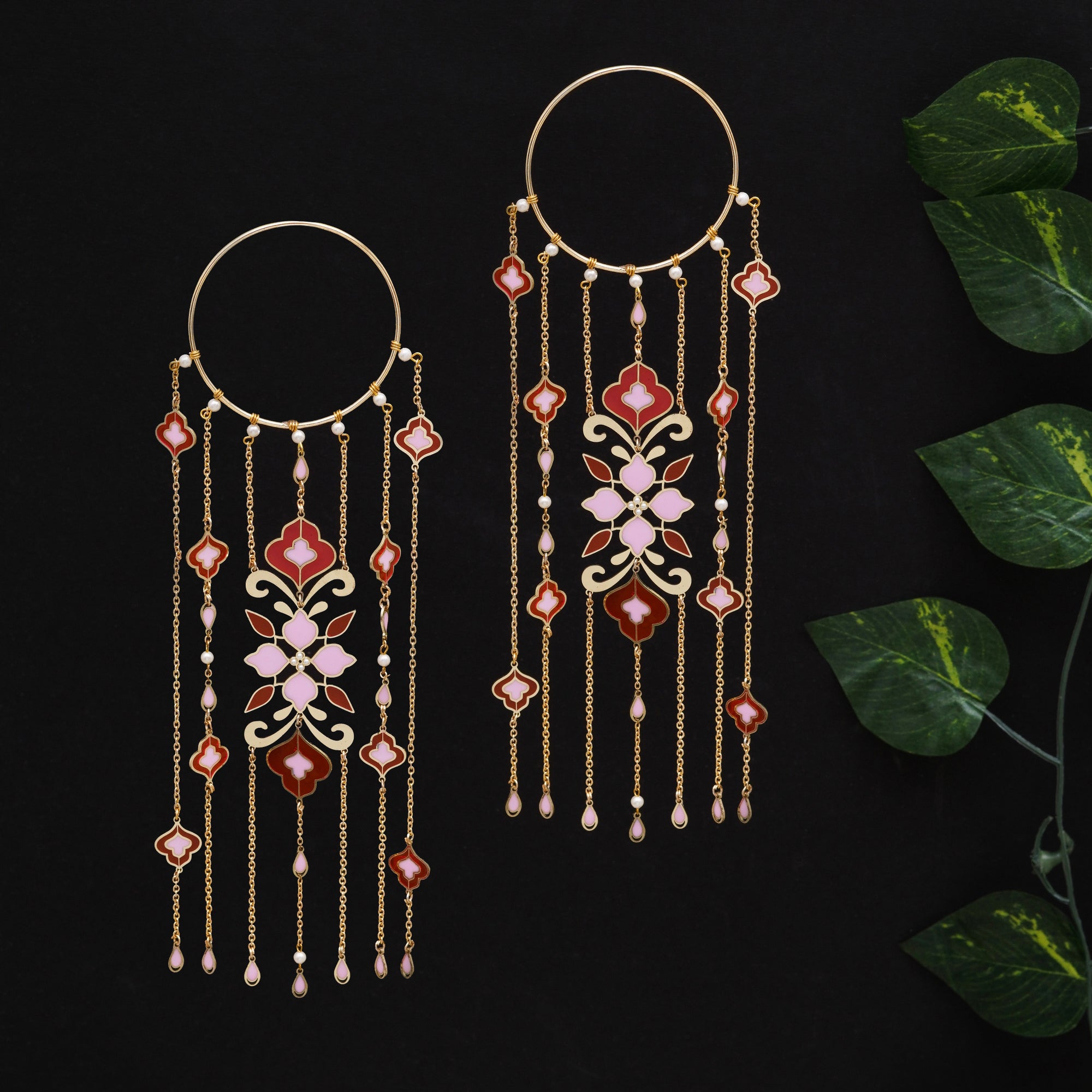 Personalized Floral Enamel Bridal Kaleere with Pearl Drop Chains - Set Of 2 Pieces