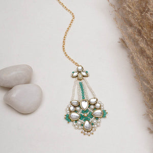 White Pearl Green Beads Maangtikka - BeAbhika.com