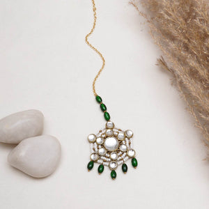 Pearl and Kundan Green Stone Maangtikka - BeAbhika.com