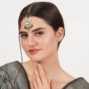 Pearl and Kundan Green Stone Maangtikka - BeAbhika.com