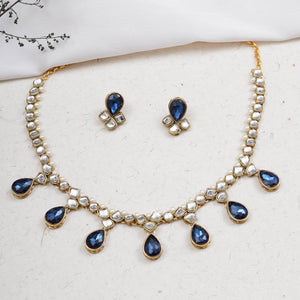 Kundan choker set in gold-tone with matching earrings and long bridal necklace, perfect for wedding functions , festive and bridal wear Blue Necklace
