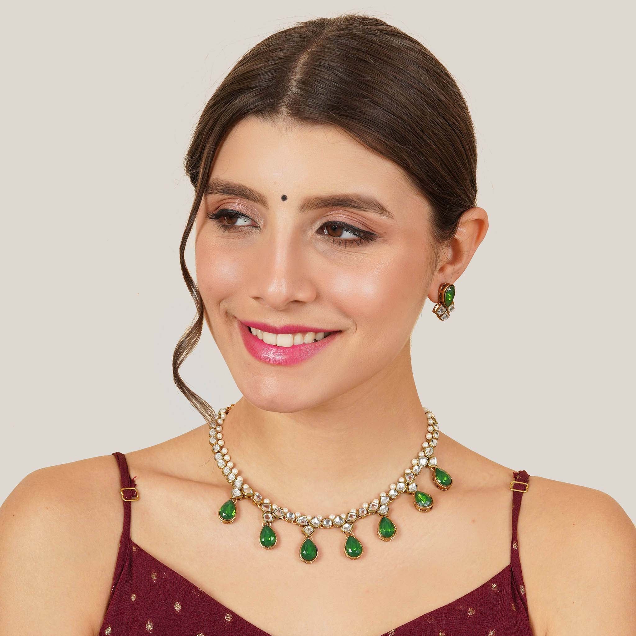 Kundan choker set in gold-tone with matching earrings and long bridal necklace, perfect for wedding functions , festive and bridal wear Green Necklace