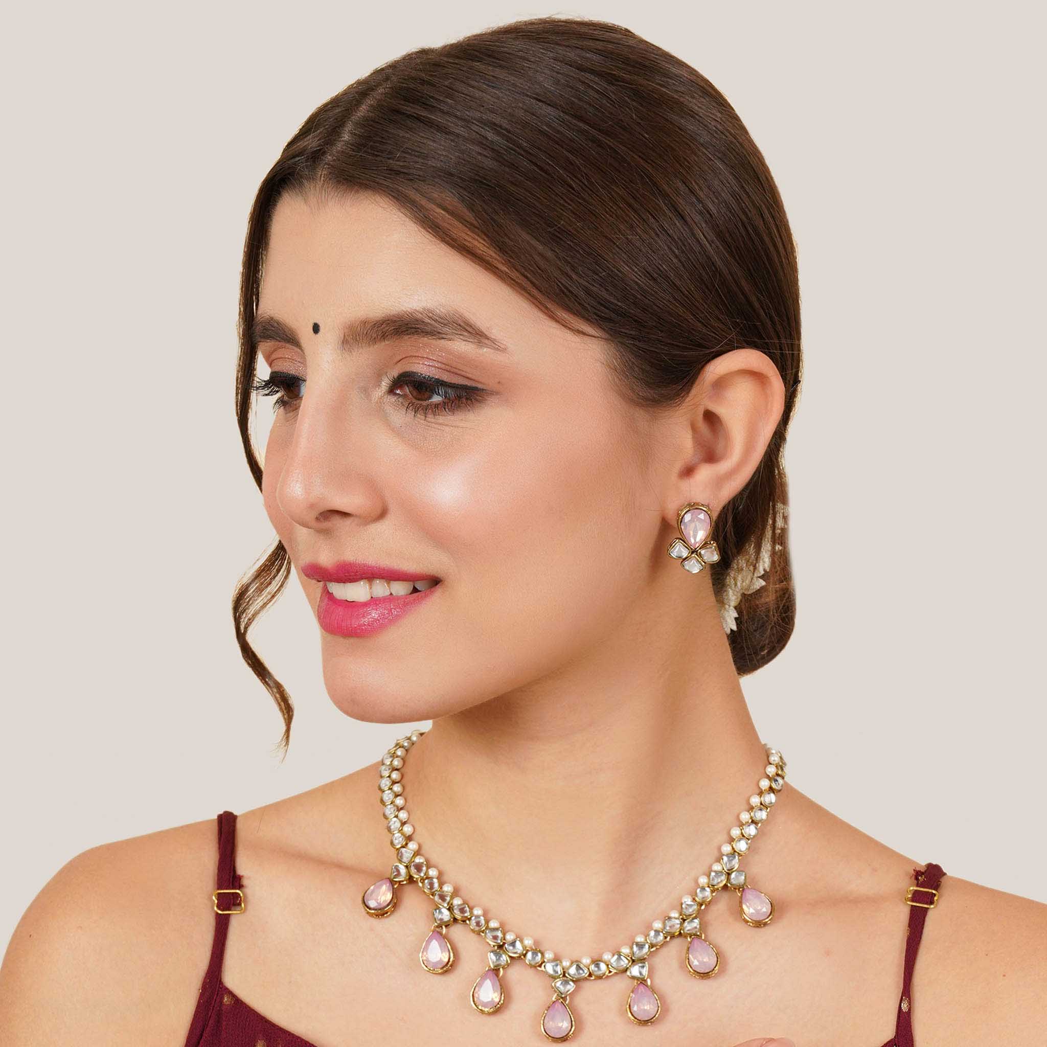 Kundan choker set in gold-tone with matching earrings and long bridal necklace, perfect for wedding functions , festive and bridal wear Pink Necklace