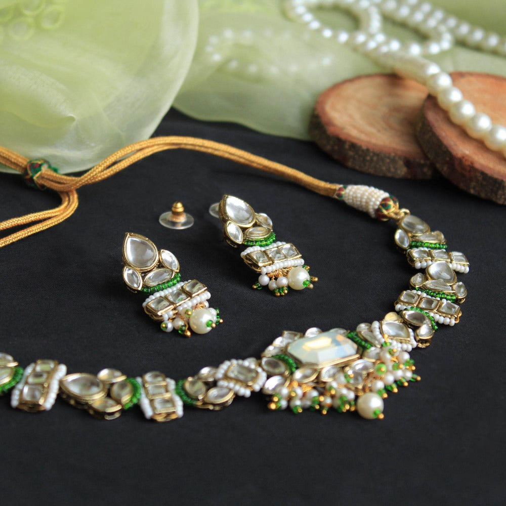 Beabhika Handmade Kundan Necklace With Matching Earrings Rings Maang Tikka Combo Set Green Artificial Jewelry Kundan Earrings Golden Earrings With Matching Ring Pearls Kundan Wedding Jewelry Trendy Earrings Daily Wear Party Wear Traditional Ethnic Dress Jewelry Earrings Bridal Jewelry Set Online Cash On Delivery Value Saver Combo Jewelry Set Cheap Price