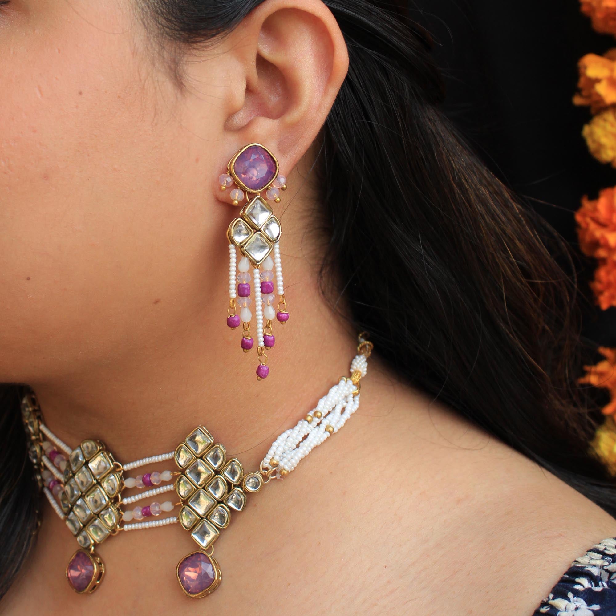 Ofeliya Choker And Maitreyi Long Earrings Polki And Diamond Set – Tyaani  Jewellery LLP