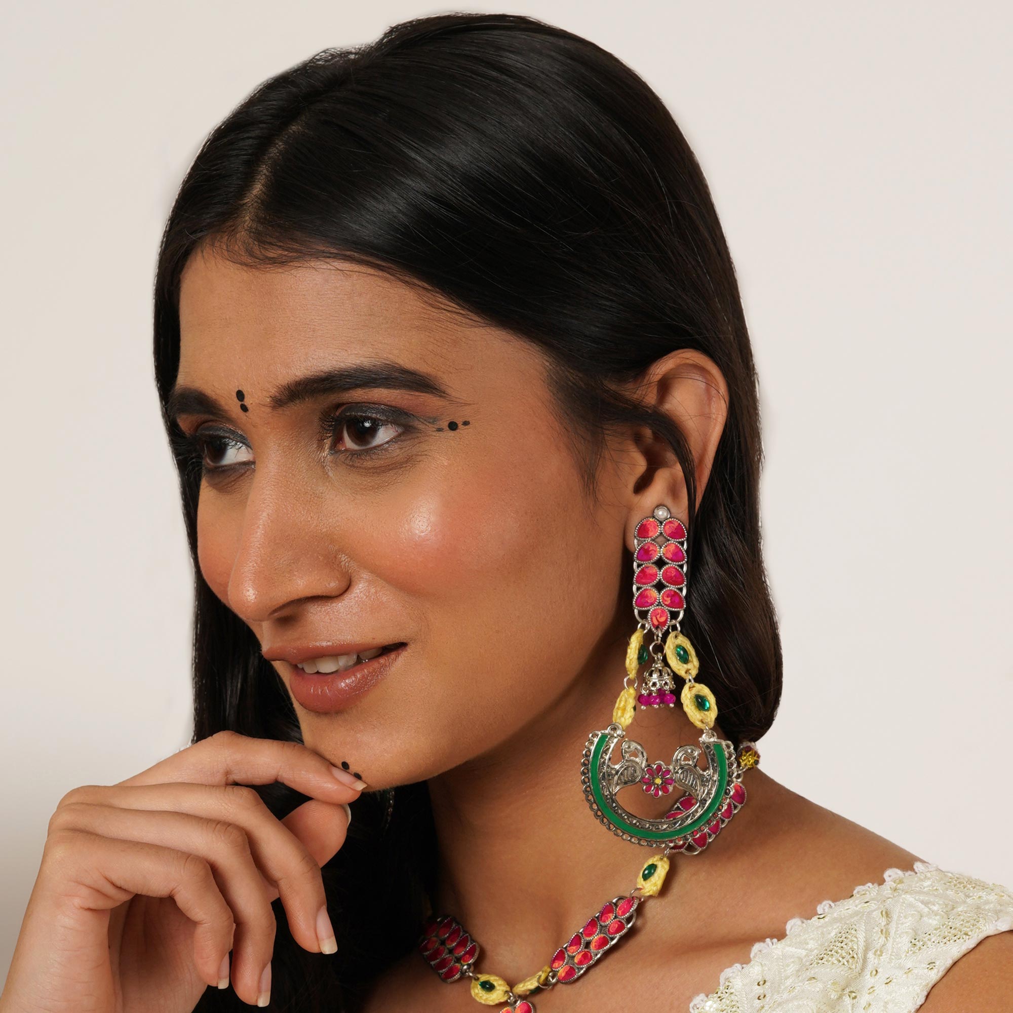 Bold Red and Green Meenakari Necklace with Peacock Motif Earrings