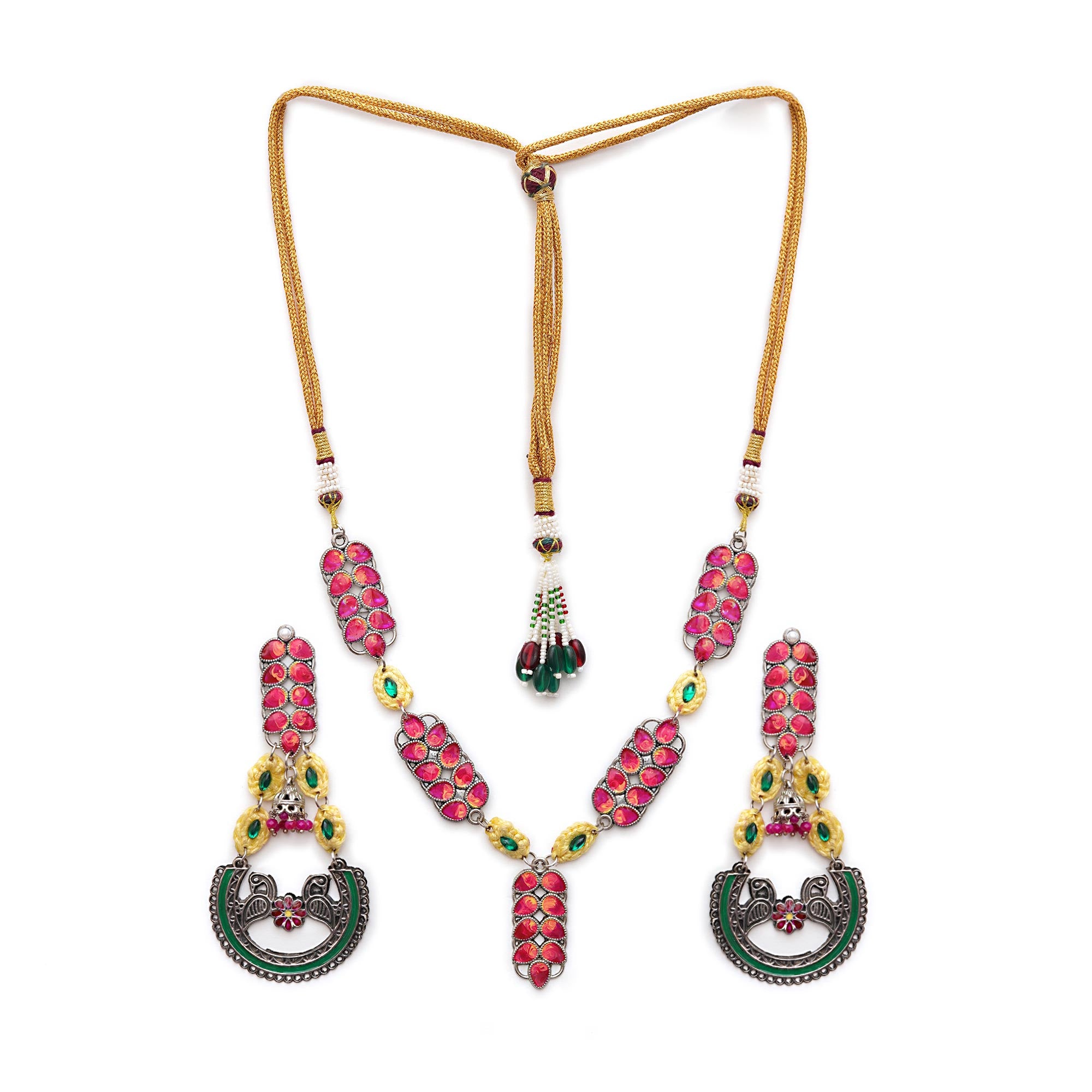 Bold Red and Green Meenakari Necklace with Peacock Motif Earrings