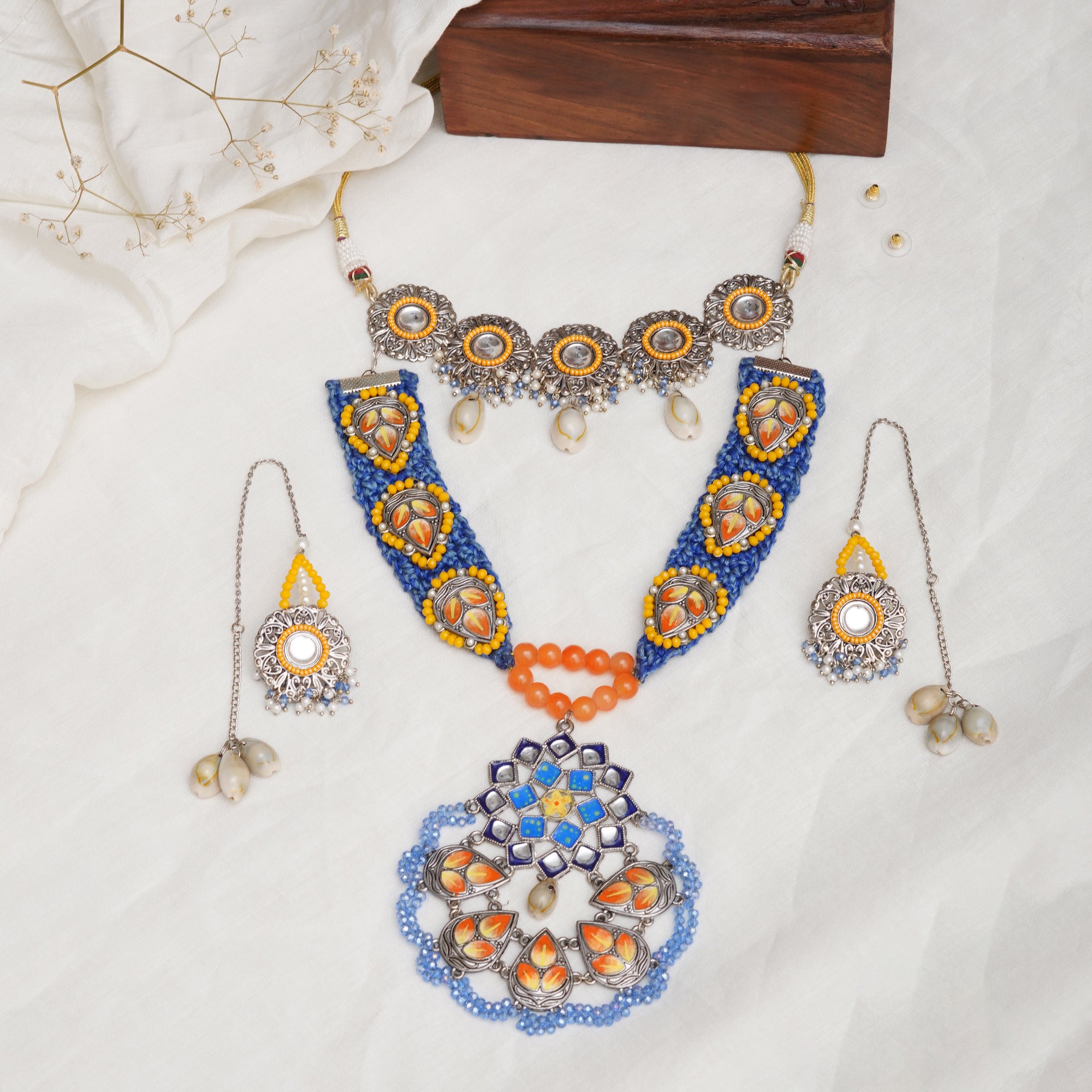 Bohemian Vibes Blue & Orange Necklace Set