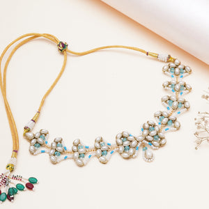 Aqua Pearl Kundan Floral Necklace